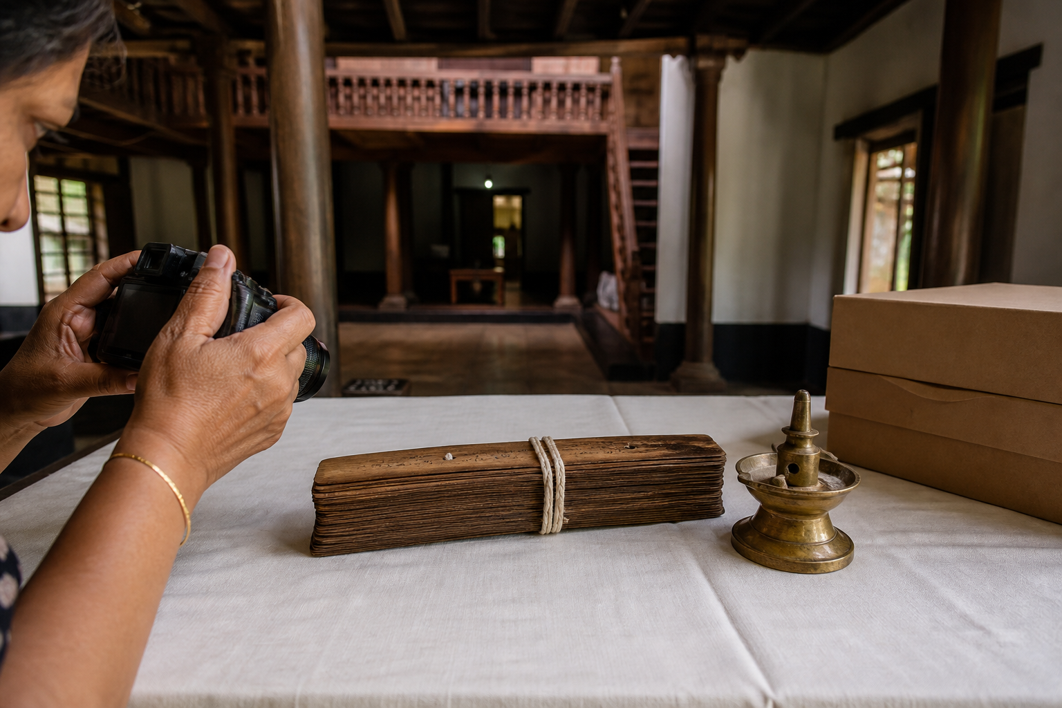 Hands photograph a closed palm-leaf bundle and an old brass lamp for preservation inside a Kerala ancestral house.