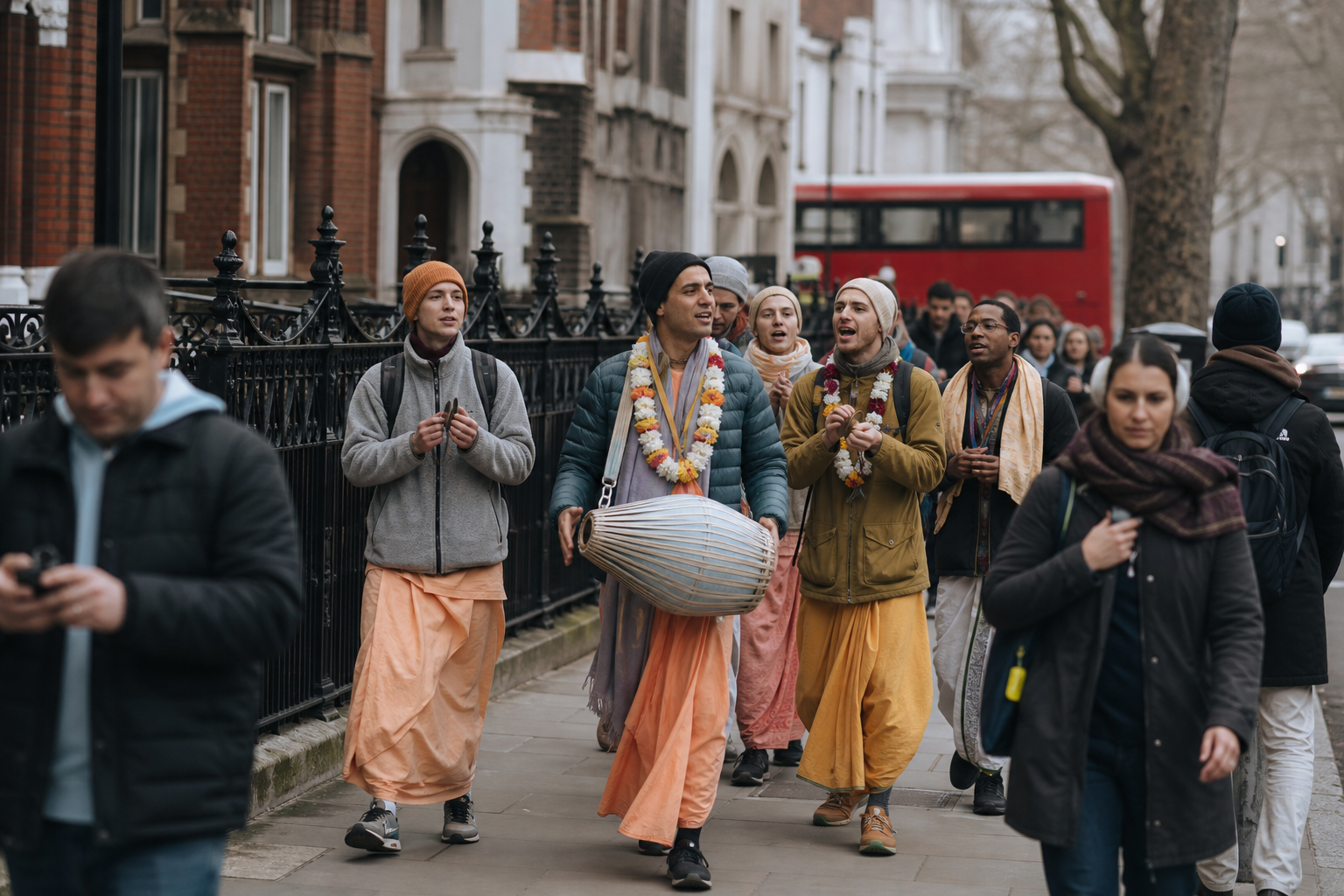 A small Hare Krishna chanting procession walks among residents, workers, and visitors on a London street lined with historic buildings.