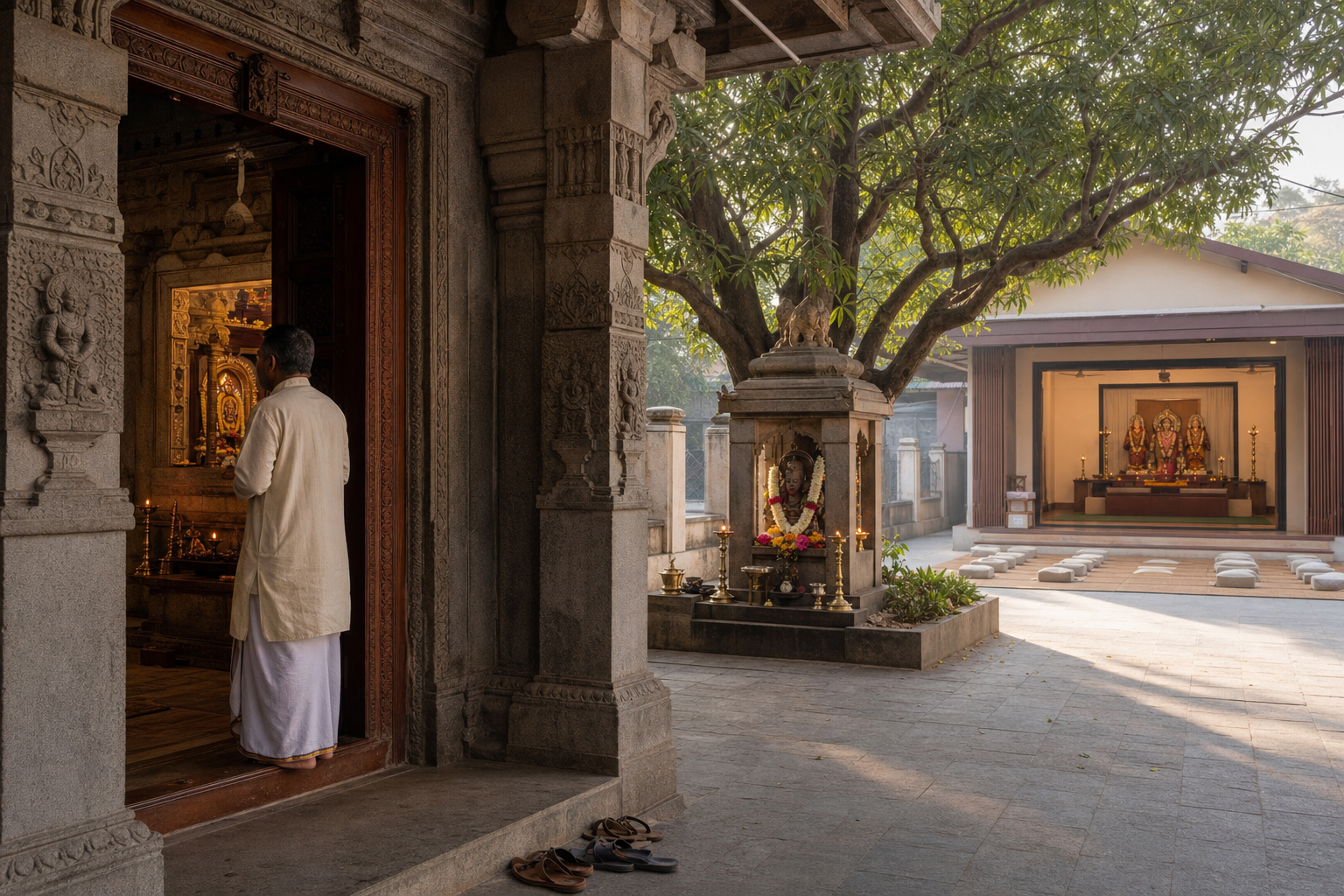 A devotee pauses near a formal mandir, with a small outdoor shrine and a community worship hall visible beyond it.