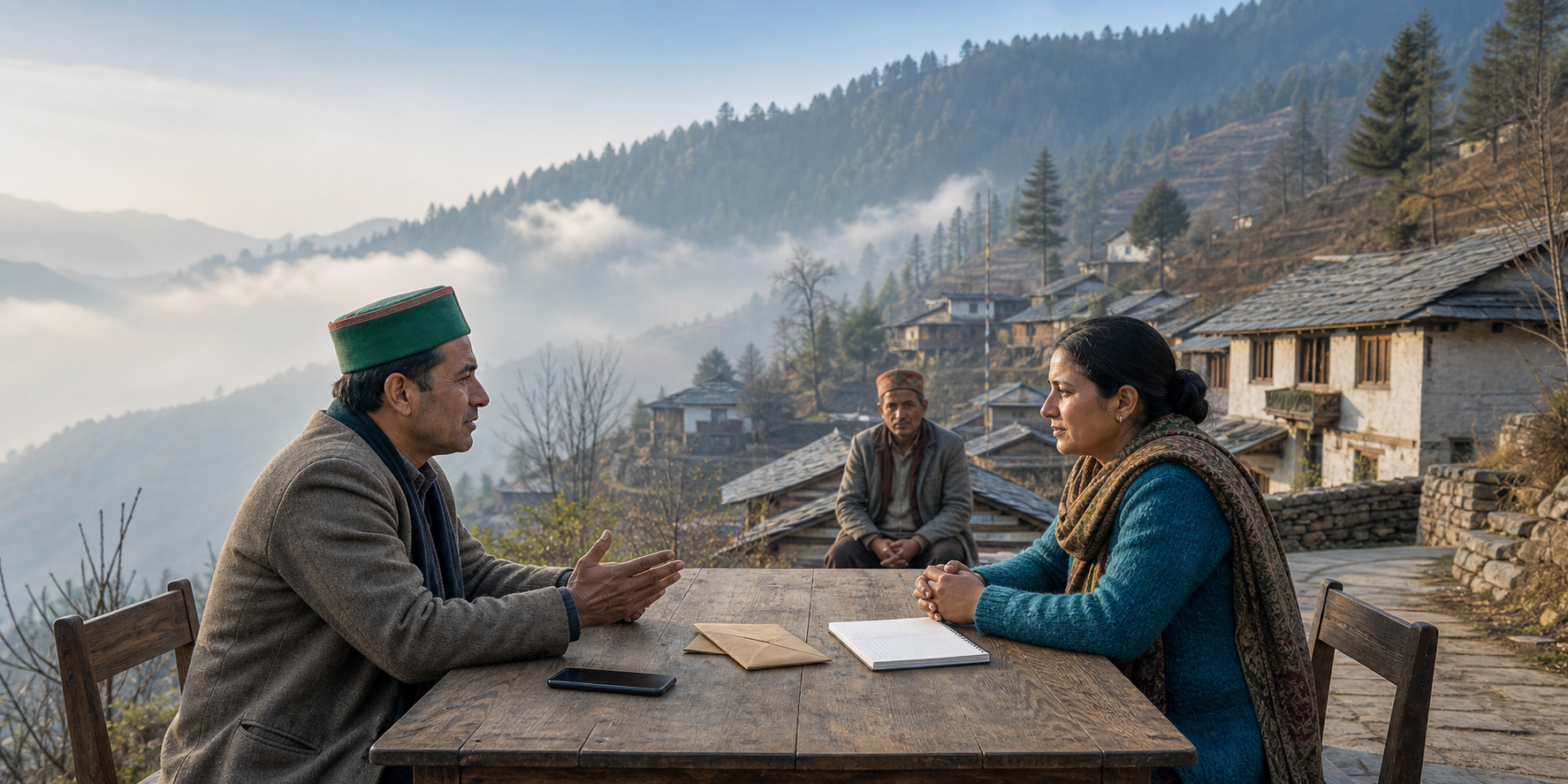 An Indian scholar studies an old manuscript beside a small flame as sunrise spreads across a river, fields, villages, temples, and a modern learning hall.