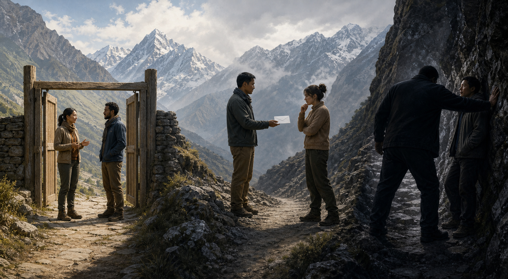 Three separate mountain-path scenes show a voluntary conversation, an offered envelope and an intimidating blocked passage.