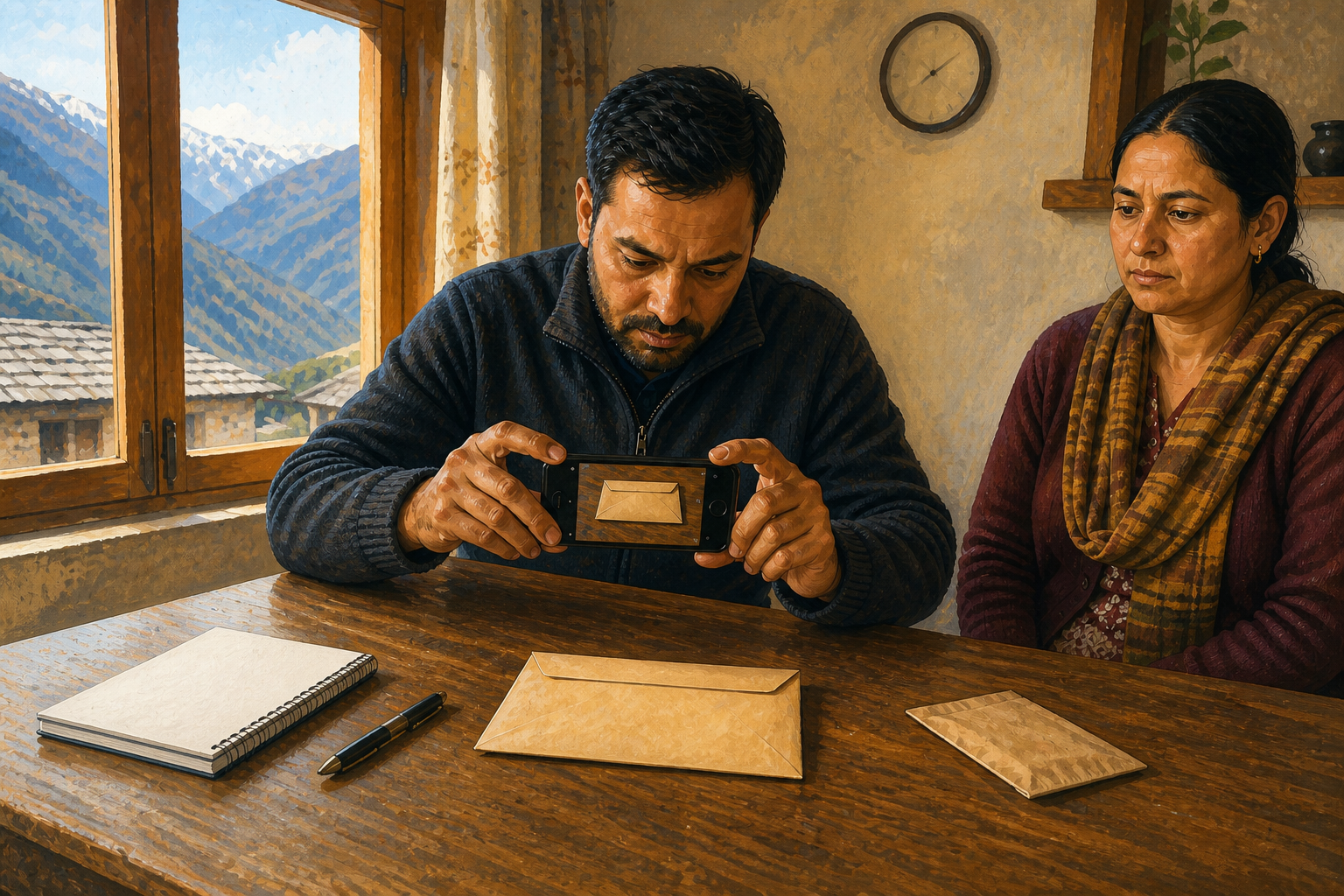A resident photographs a sealed envelope on a table while a witness watches and a notebook and evidence sleeve lie nearby.