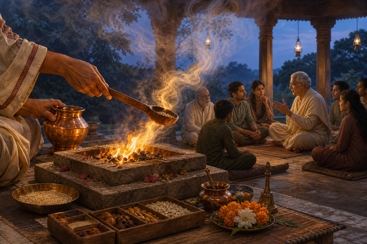 Hands tend a traditional fire offering in the foreground while people study and contemplate together in an open pavilion behind it.