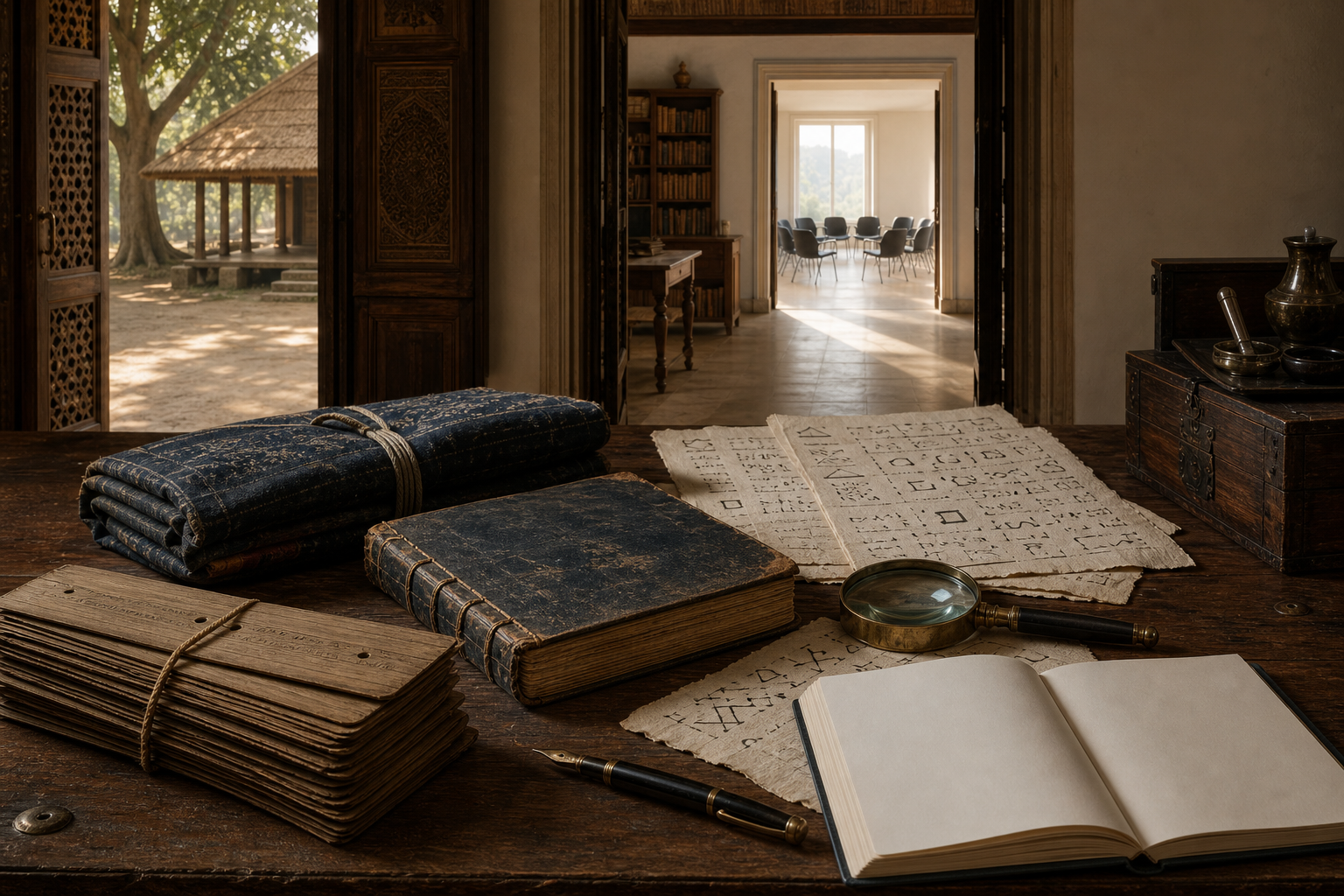 Palm-leaf manuscripts, an old printed volume, a pen, and a blank notebook rest on a table before spaces resembling an ancient learning shelter, a colonial-era library, and a modern seminar room.