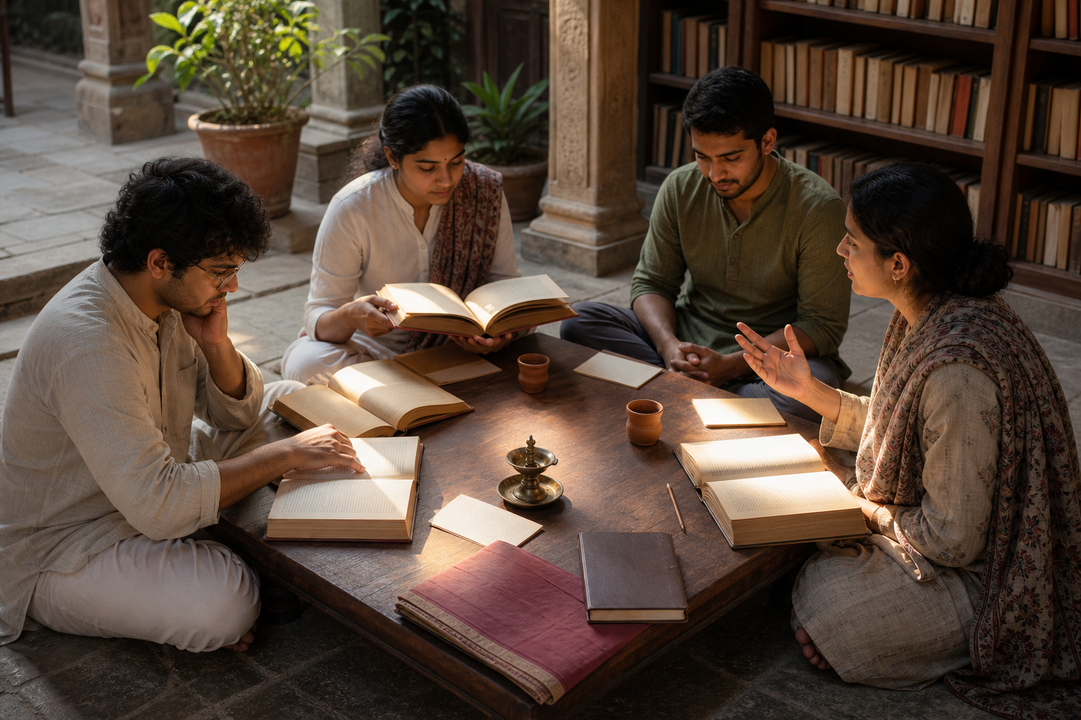 Four readers observe, compare, reflect on, and discuss source materials together around a square table in a quiet library courtyard.