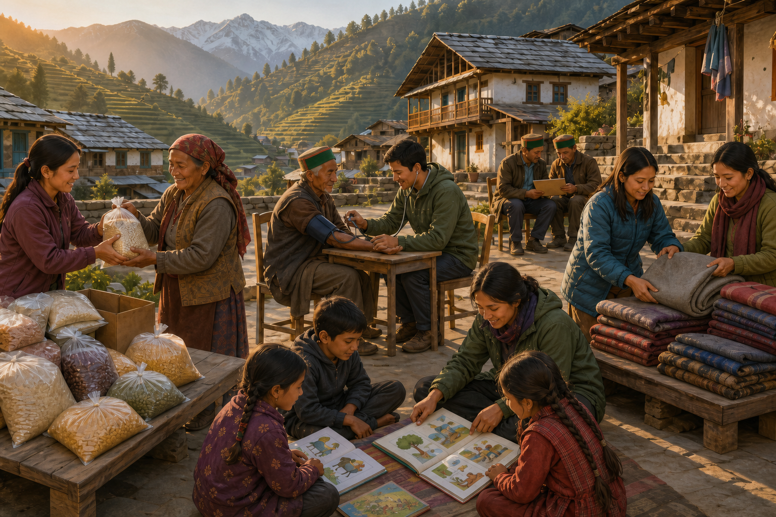 Volunteers distribute food and blankets, provide a health check and help children study in a Himachal village courtyard.