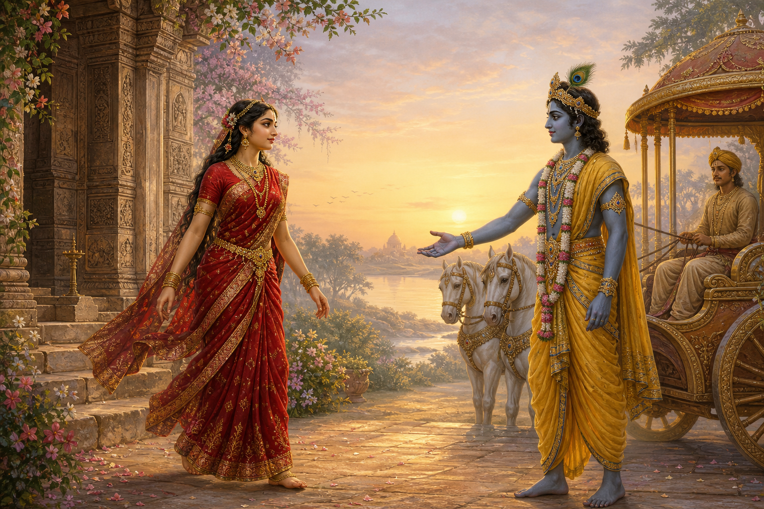 Rukmini walks willingly from a temple toward Krishna, who waits beside a chariot with an open hand at sunrise.