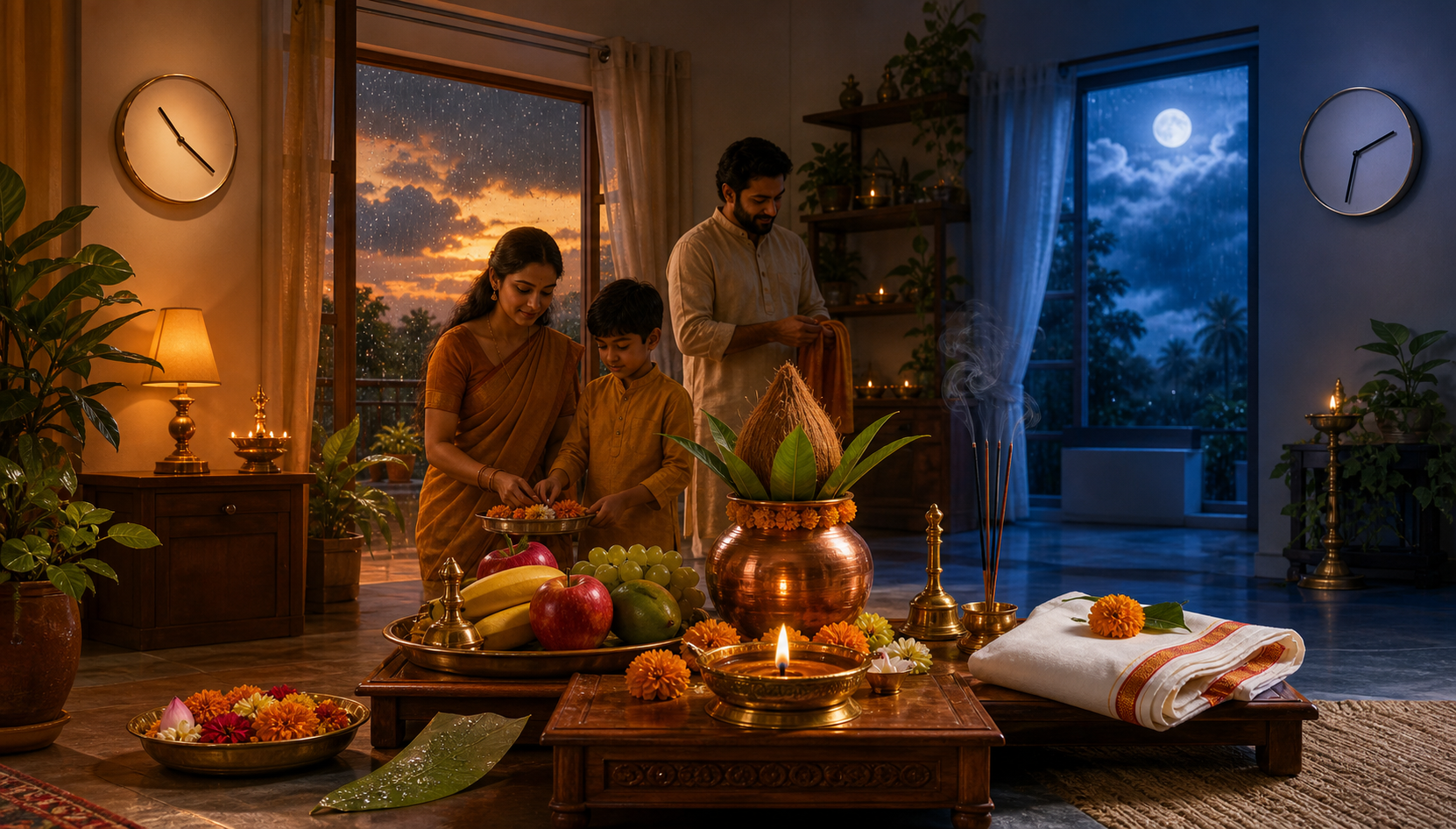 A home puja arrangement with a brass lamp, kalash, flowers, fruit, and two unnumbered clocks set against evening and pre-dawn light.