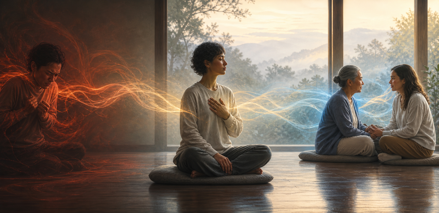 A calm seated adult between swirling warm currents of tension and a softly lit, attentive encounter between two people.