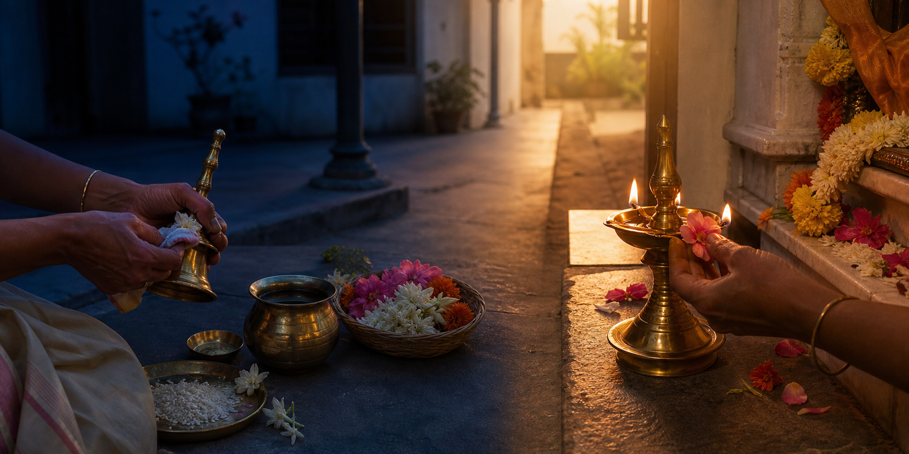 Hands prepare ritual vessels at night and offer flowers beside a lit brass lamp at sunrise in a home courtyard.