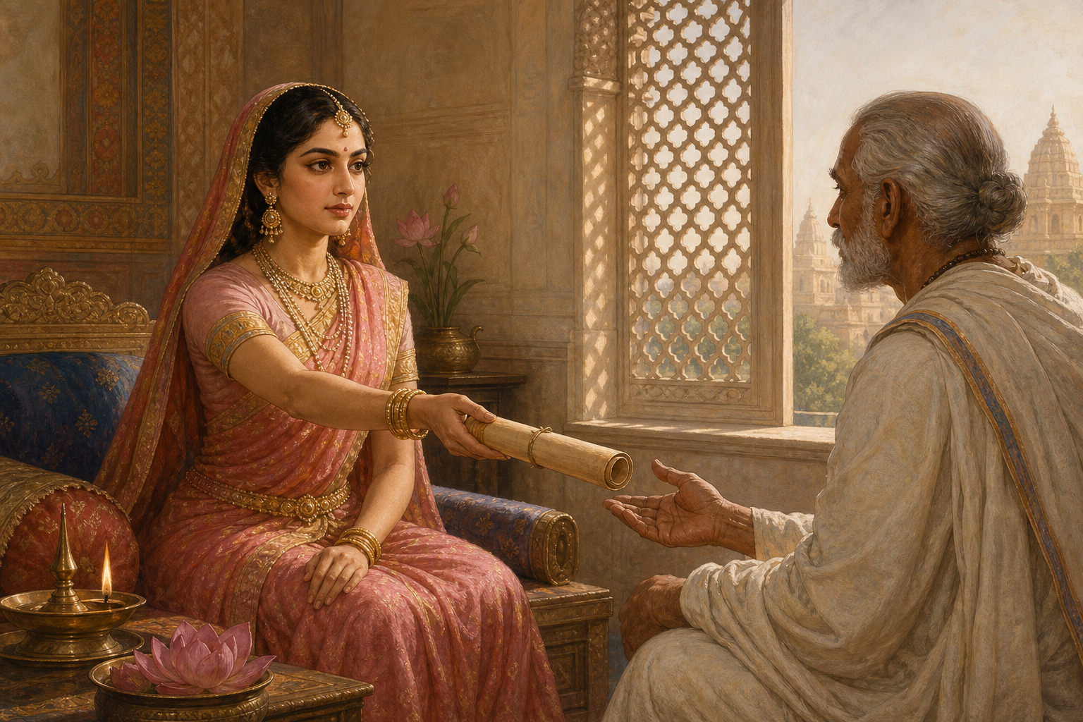 Rukmini confidently gives a rolled palm-leaf message to an elderly Brahmin messenger in a palace chamber.