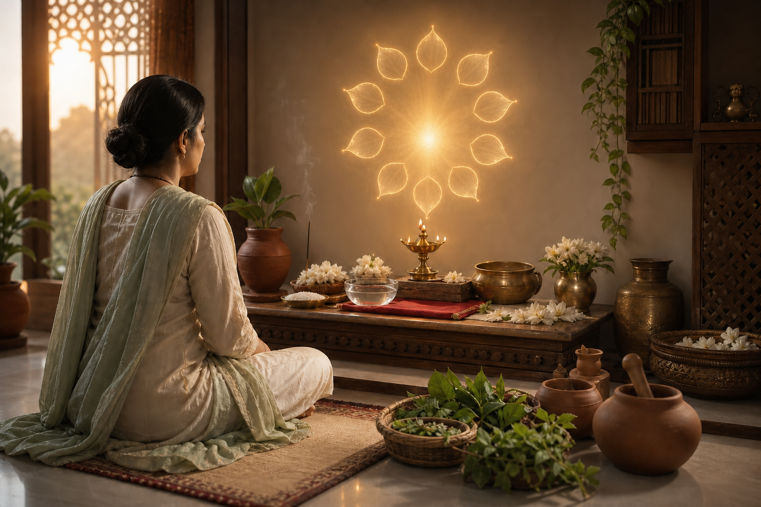 A seeker meditates before an orderly Devi altar illuminated by a lamp and a halo of ten glowing petals.