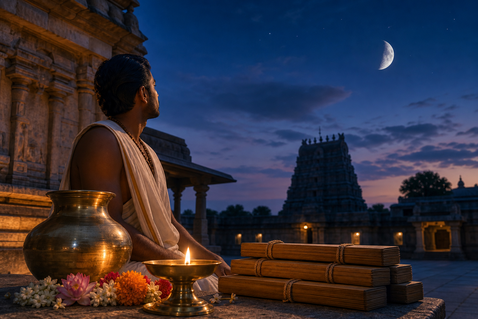 A temple attendant observes a waxing moon beside a lamp, flowers, and closed palm-leaf manuscript bundles in a courtyard.