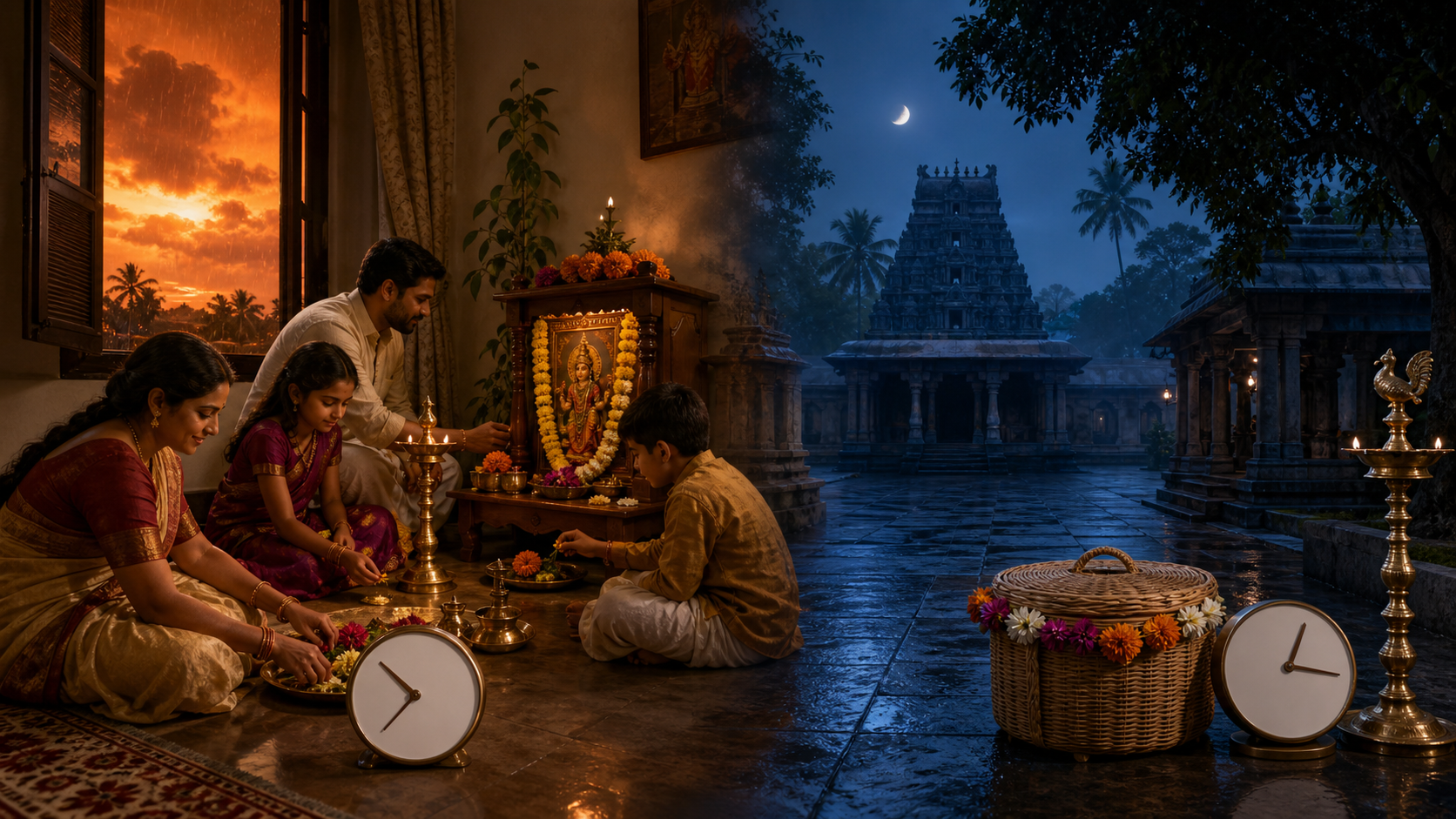 A paired scene shows a family preparing a puja at sunset and offerings waiting in a temple courtyard before dawn, each with an unnumbered clock.