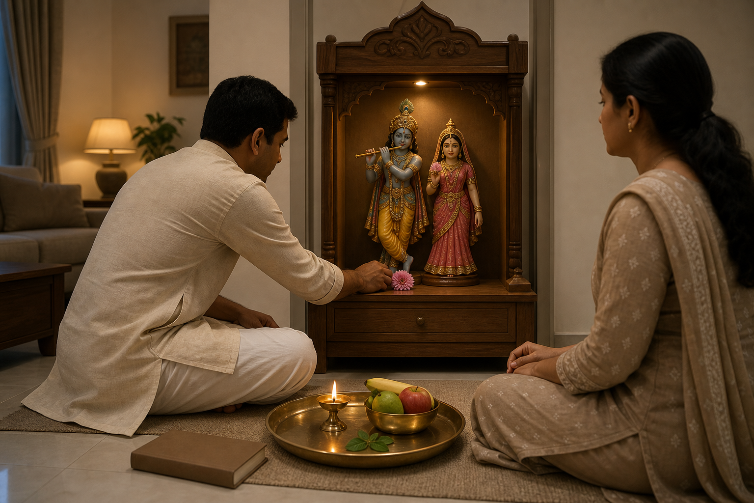 Two family members sit before a simple home shrine to Rukmini and Krishna with a lamp, flowers, fruit, and tulsi leaves.