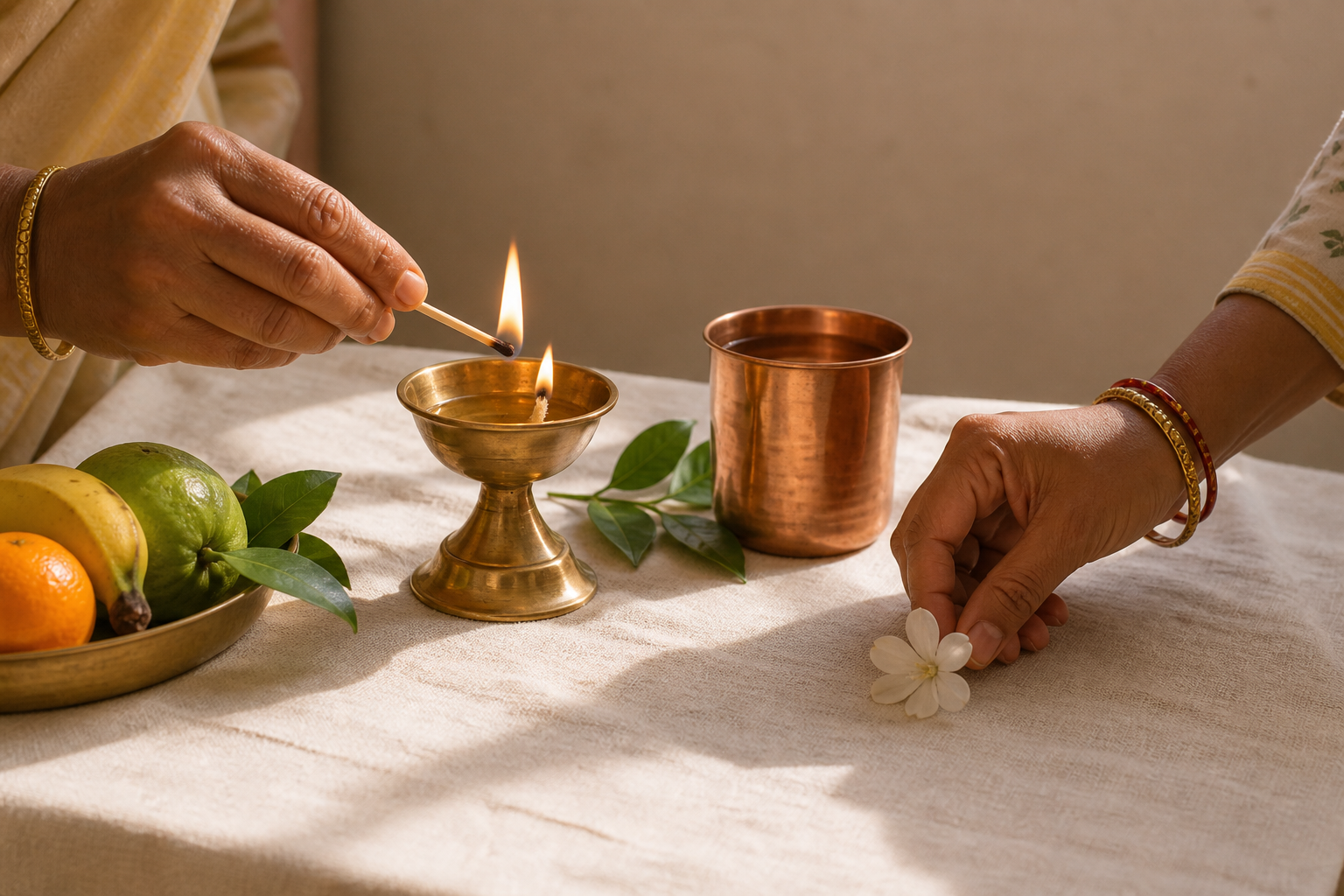 Hands light a brass lamp and place a white flower beside water and fruit on a simple home altar.