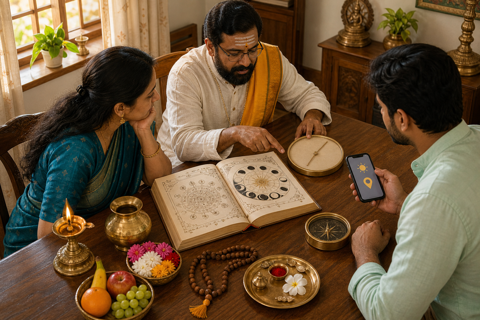 A priest and two family members review an almanac, lunar-phase wheel, unnumbered clock, compass, phone, and puja supplies at a table.