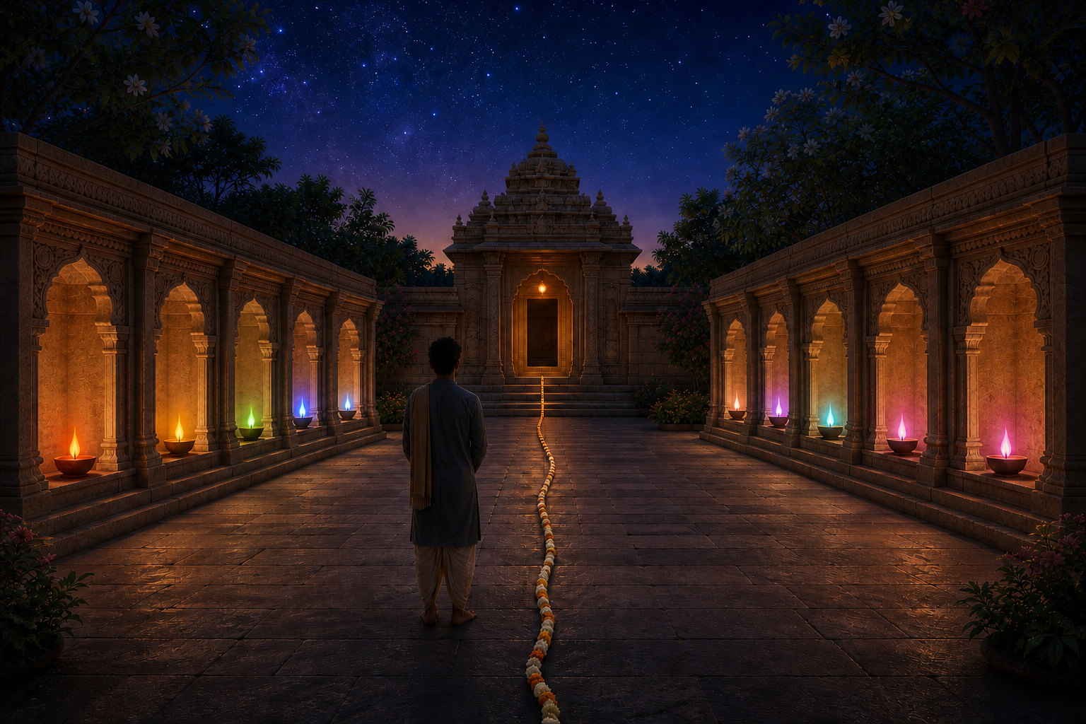 A contemplative seeker faces ten flame-lit alcoves in a stone courtyard beneath a starry twilight sky.