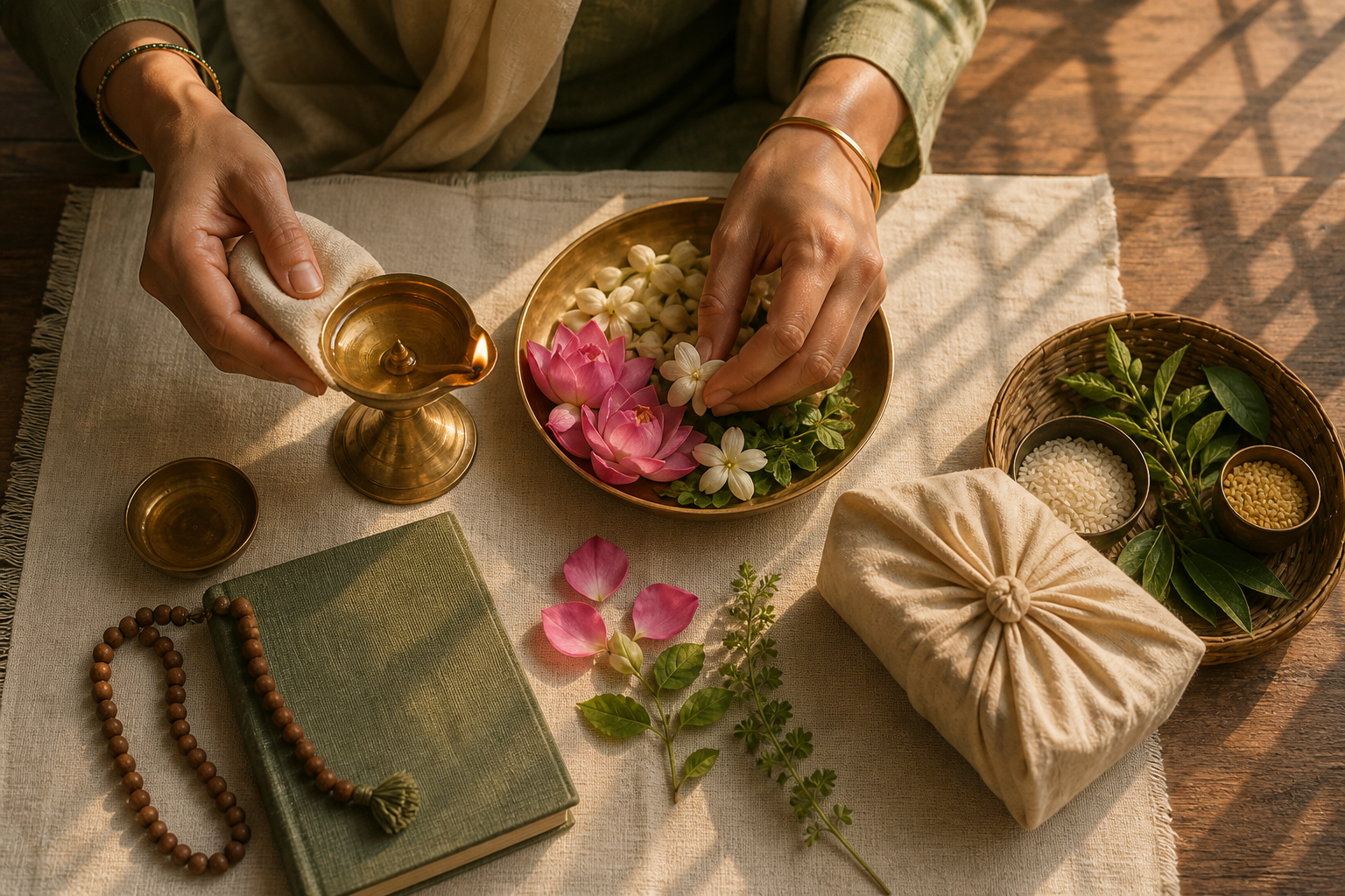 Hands maintain a lamp and arrange flowers, prayer beads, and a food parcel on an orderly wooden surface.