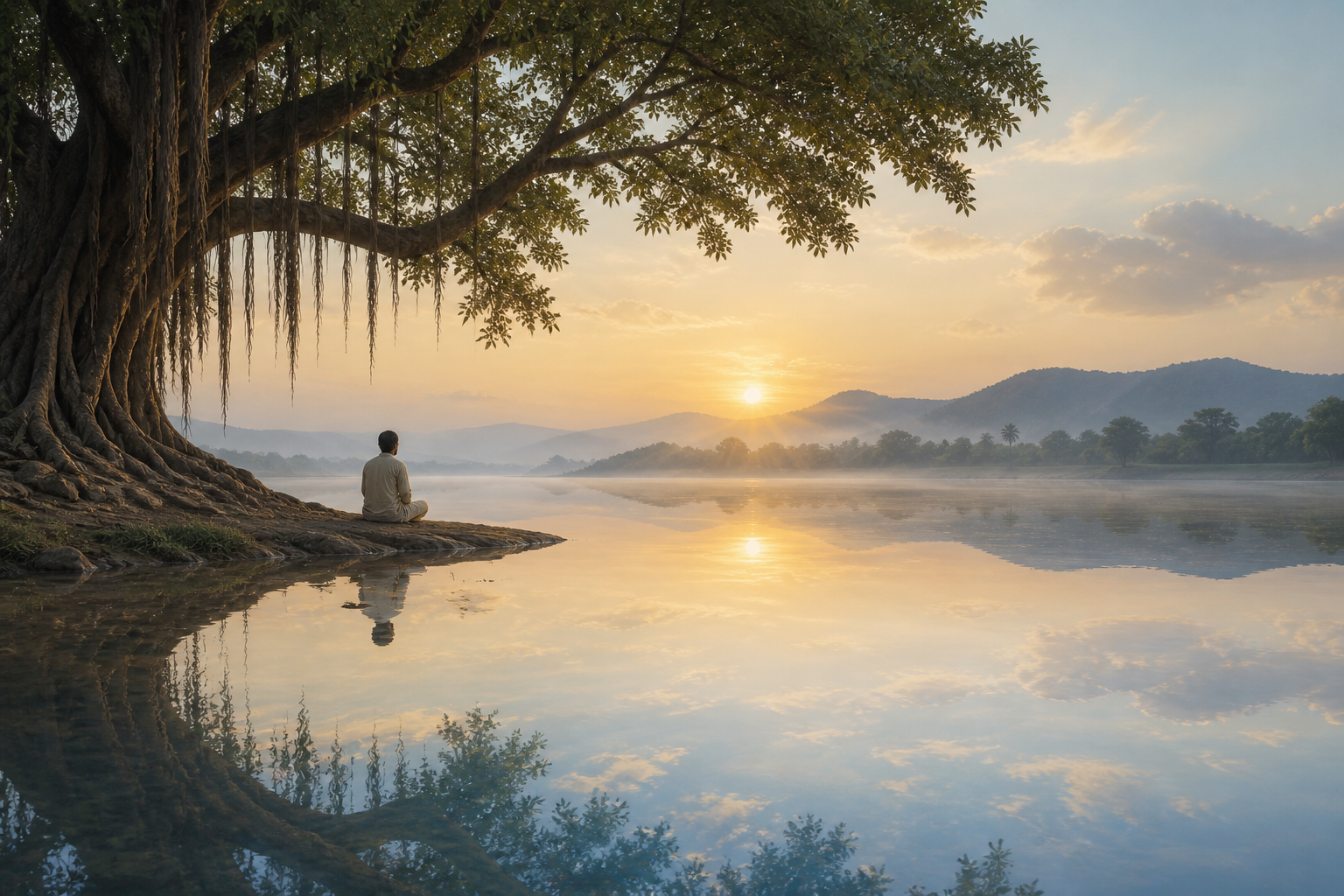 A solitary person sits beneath a banyan tree beside a still river at dawn, with the figure, tree, and sky reflected in the water.