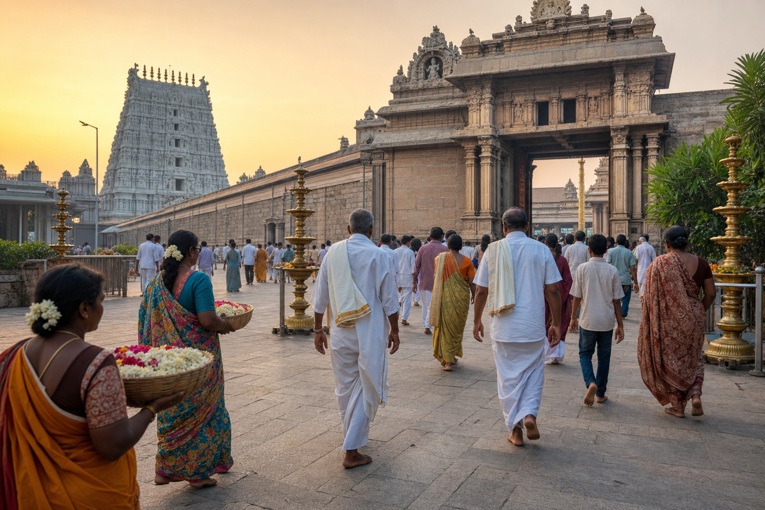 Pilgrims walk toward the traditional temple complex at Mantralayam in soft early-morning light.