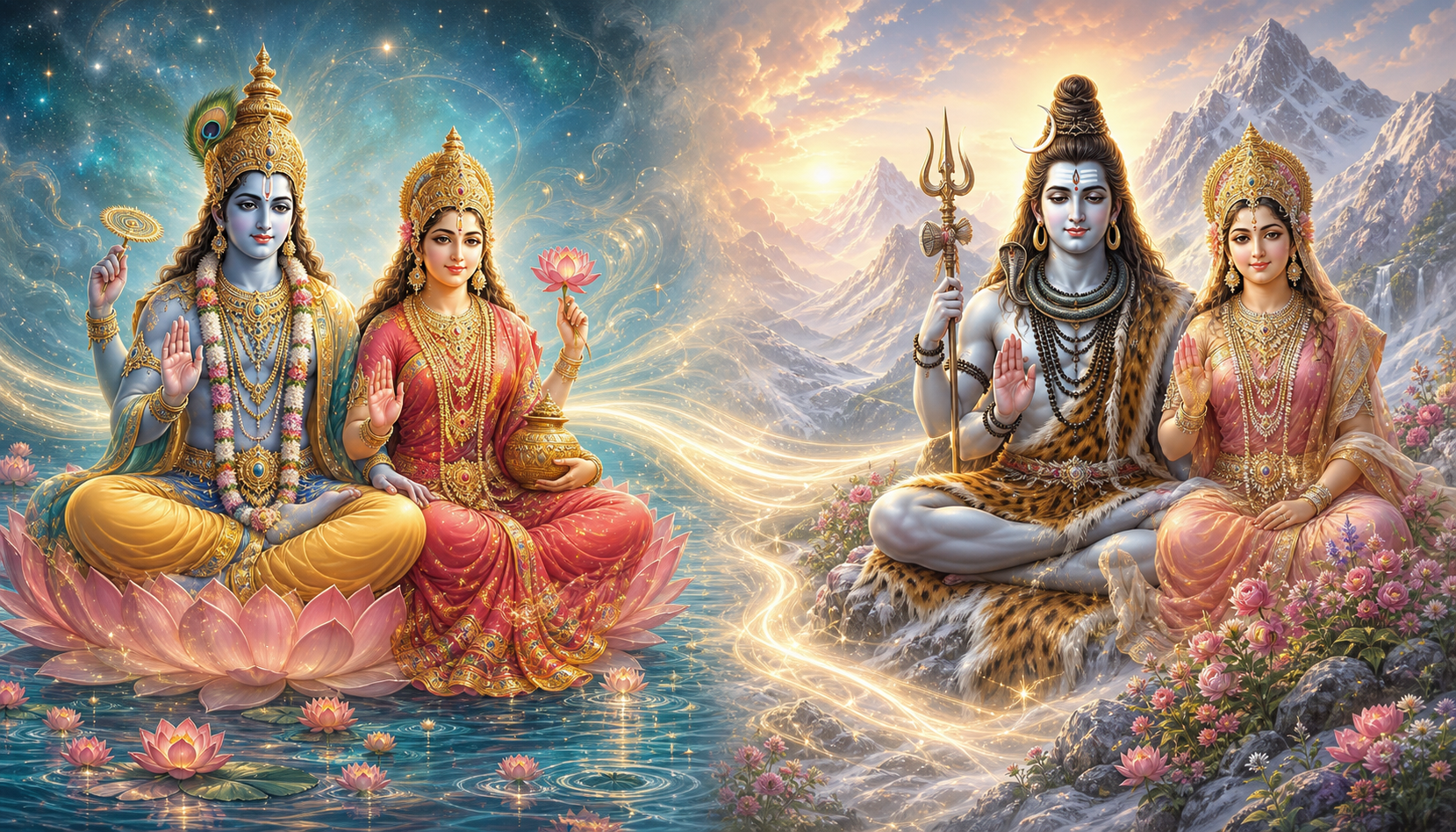A balanced sacred illustration shows Vishnu and Lakshmi above lotus-filled waters and Shiva and Parvati in the Himalayas, connected by a continuous stream of golden light.
