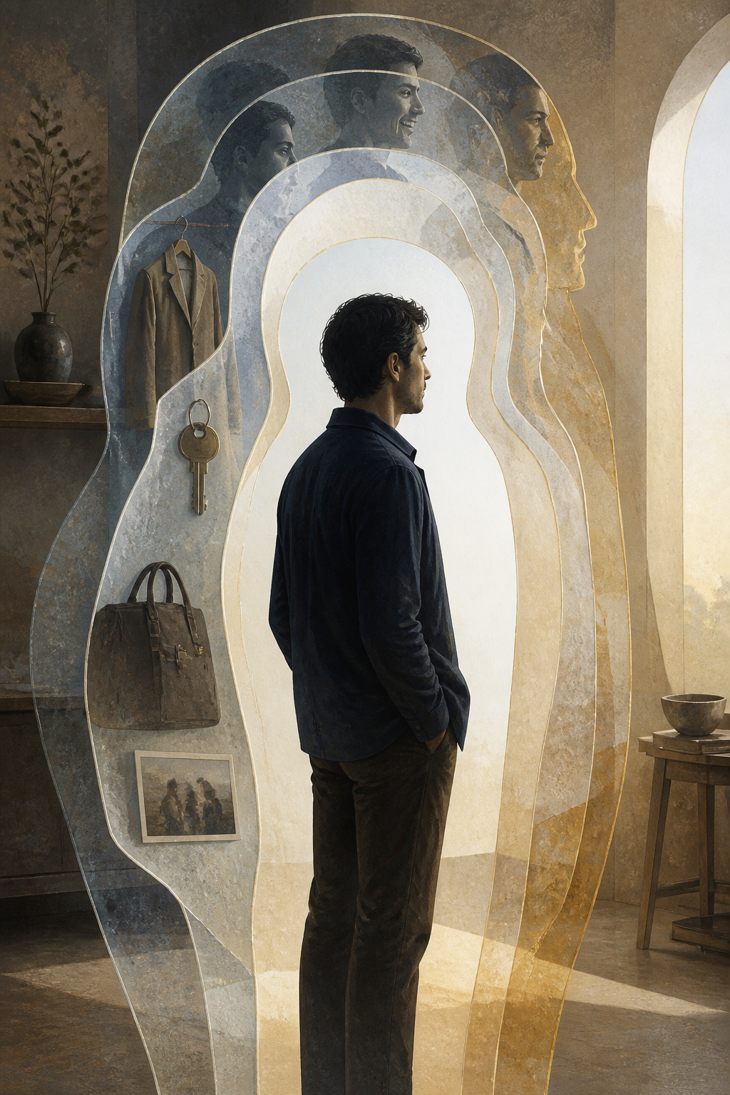 A standing person is surrounded by translucent layers containing everyday objects and changing expressions, with open luminous space around the innermost figure.