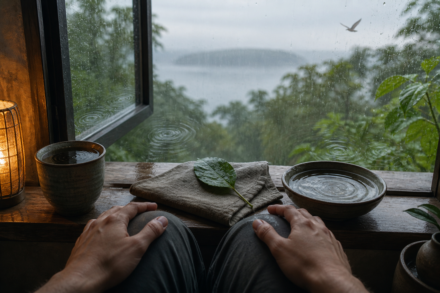 From a seated person's viewpoint, relaxed hands, a cup, a leaf, an open window, rain, and a distant bird appear in soft daylight with subtle rippling reflections.
