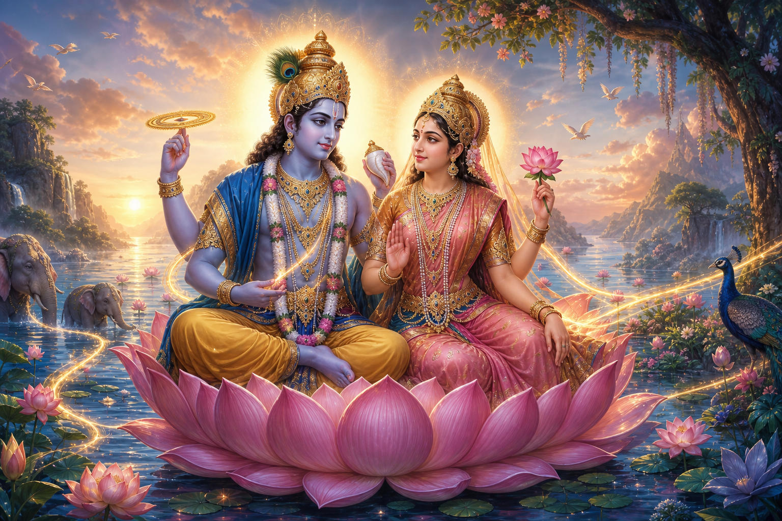 Vishnu and Lakshmi sit together on a lotus above calm celestial waters as warm light flows between them and into the surrounding natural world.