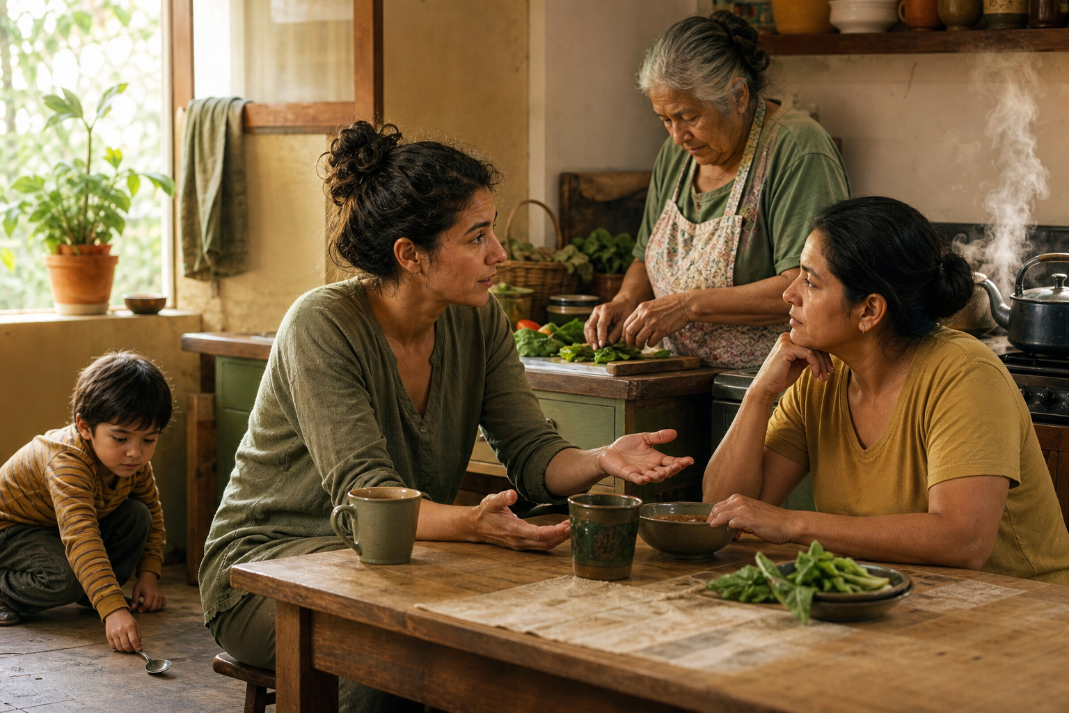 Several family members share a sunlit kitchen as one adult listens calmly during a conversation and reaches to help a child with a dropped spoon.
