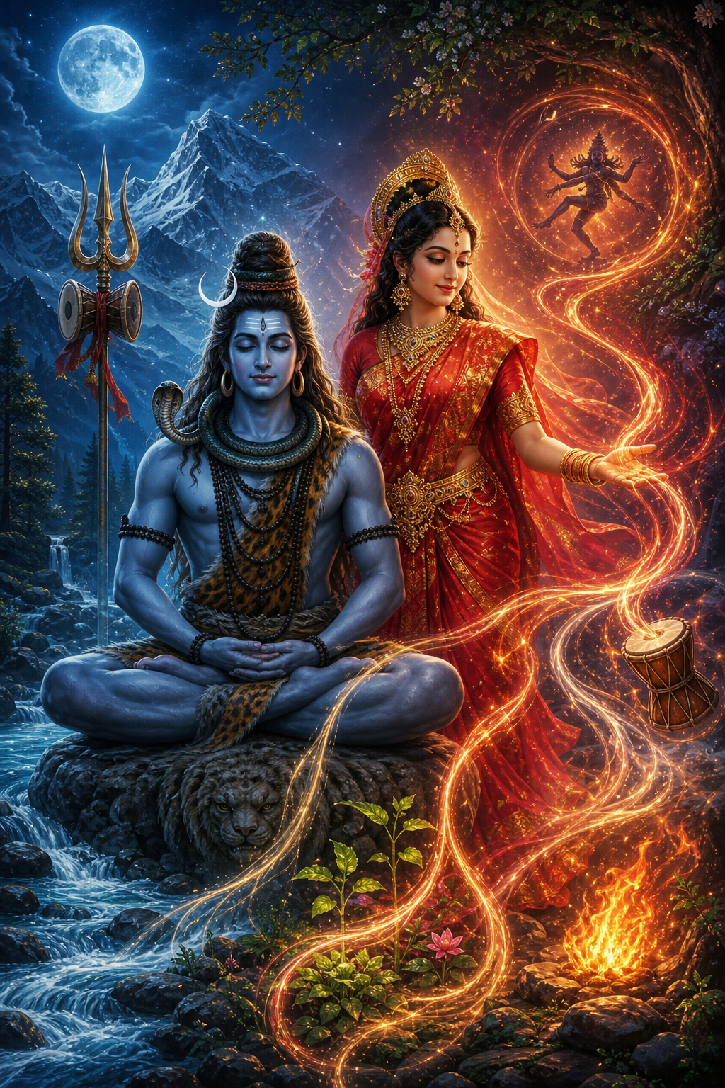 Shiva meditates beside Parvati in a Himalayan grove while crimson-gold light from her presence animates water, fire, wind, and growing plants around them.