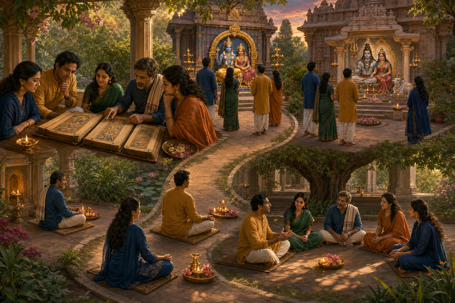 A continuous temple-courtyard scene shows practitioners studying manuscripts, observing two distinct shrines, worshipping quietly, and joining a respectful group discussion.
