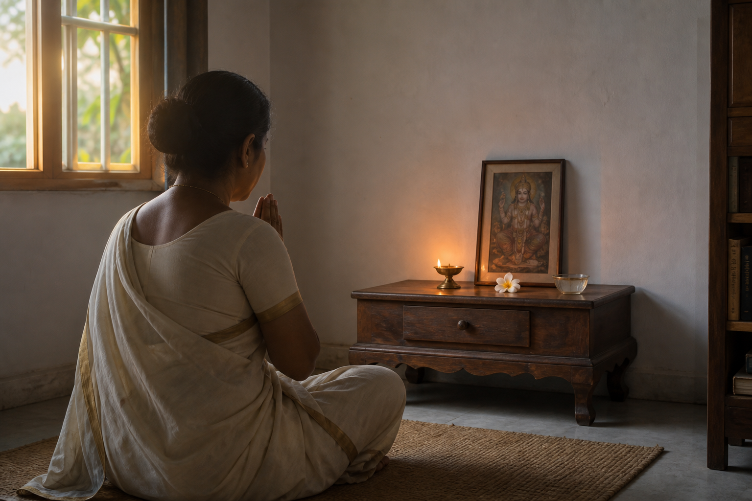 A devotee sits with joined hands before a small home altar holding a brass lamp, one flower, and a bowl of water.