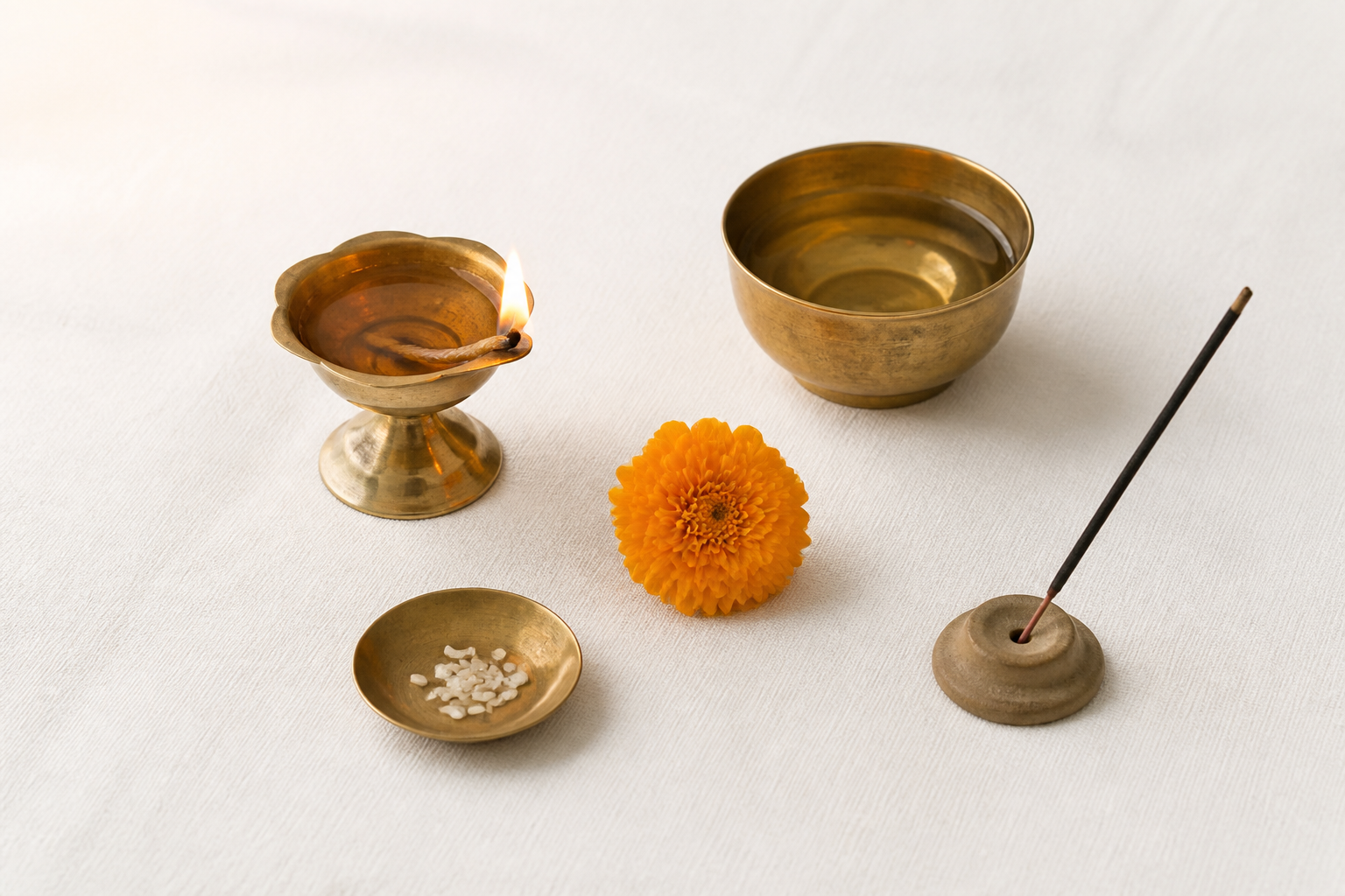 A minimal puja arrangement includes a lit brass lamp, one flower, water, rice, and an incense holder on a clean cloth.