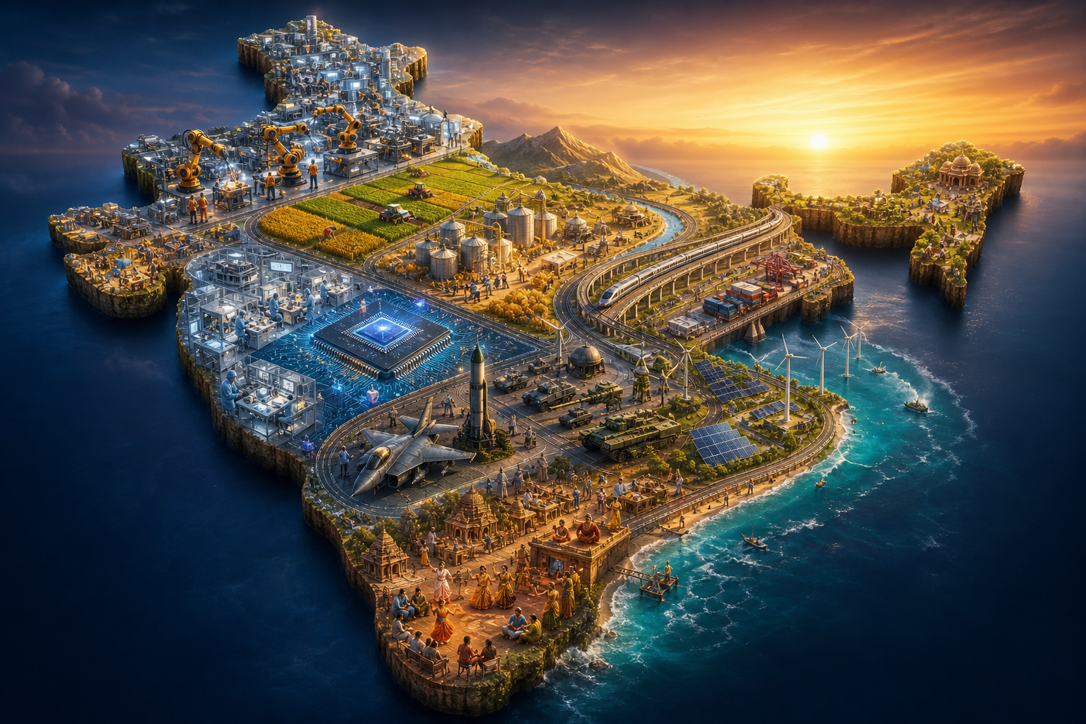 Seven interwoven landscapes of industry, farming, technology, transport, defence, clean energy, and culture form a luminous map-like silhouette of India at sunrise.