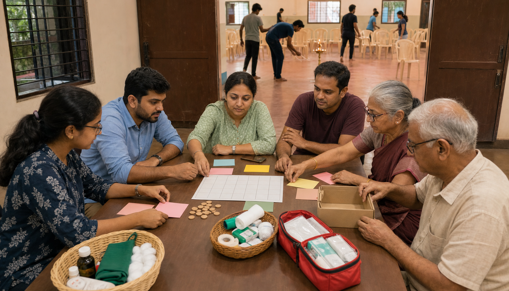 A multigenerational volunteer team plans follow-up tasks at a table while others prepare a community hall.