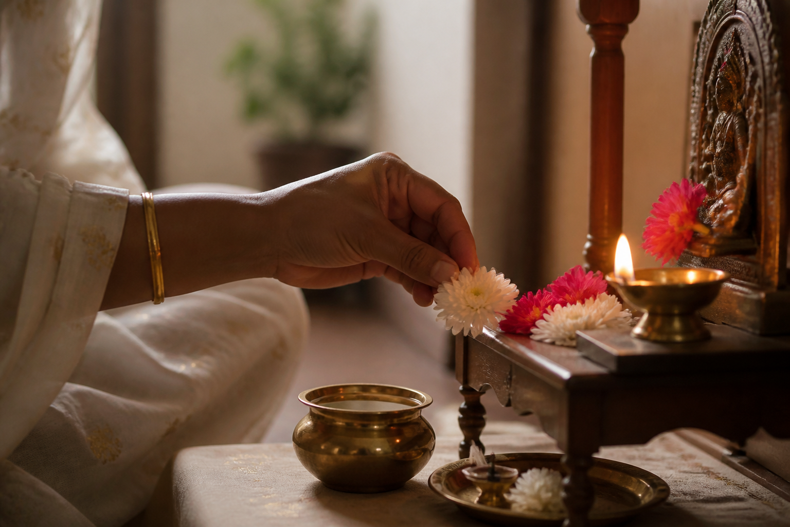 A devotee gently places a flower before a small altar beside a lit brass lamp and a bowl of water.