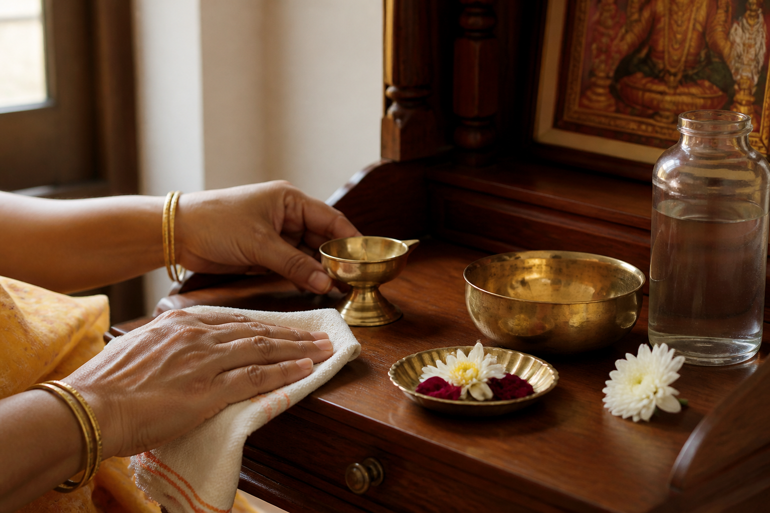 Hands clean and carefully arrange a small wooden altar with a brass lamp, flower dish, and water bowl.