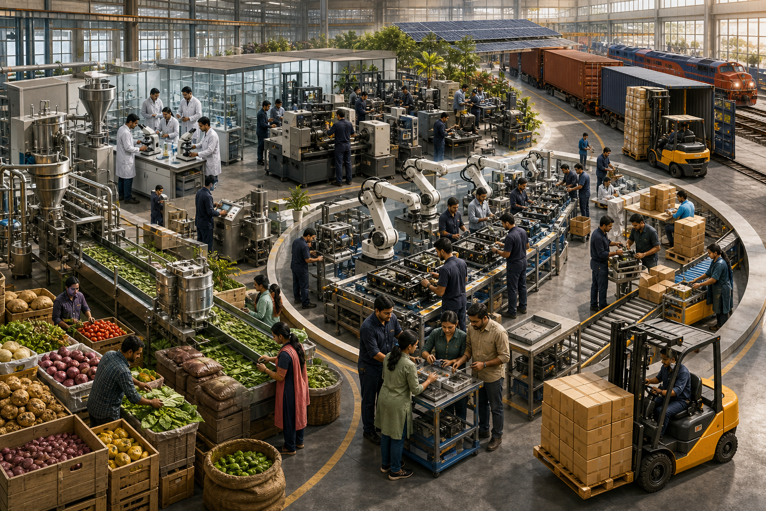Engineers, technicians, and agricultural workers connect research, component production, food processing, assembly, and freight operations in one integrated facility.