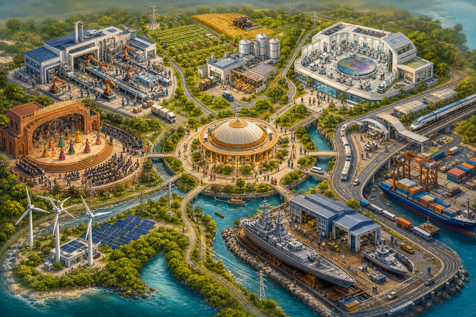 Seven connected miniature environments show a factory, farm, research lab, transport network, defence yard, renewable-energy coast, and cultural stage around a central hub.