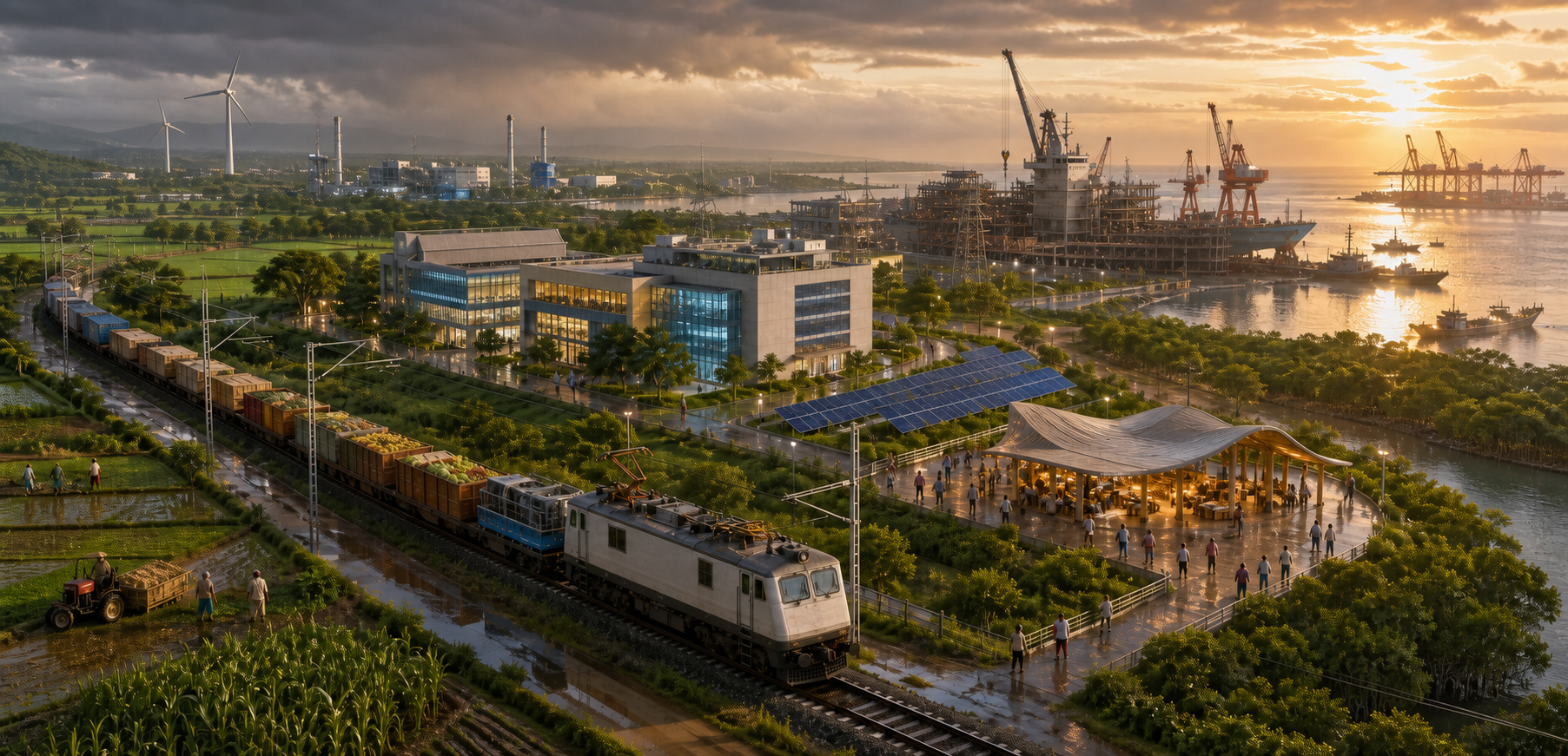 An electric freight train links farms and factories to a coastal port, renewable-energy facilities, a research campus, a shipyard, mangroves, and a cultural pavilion.