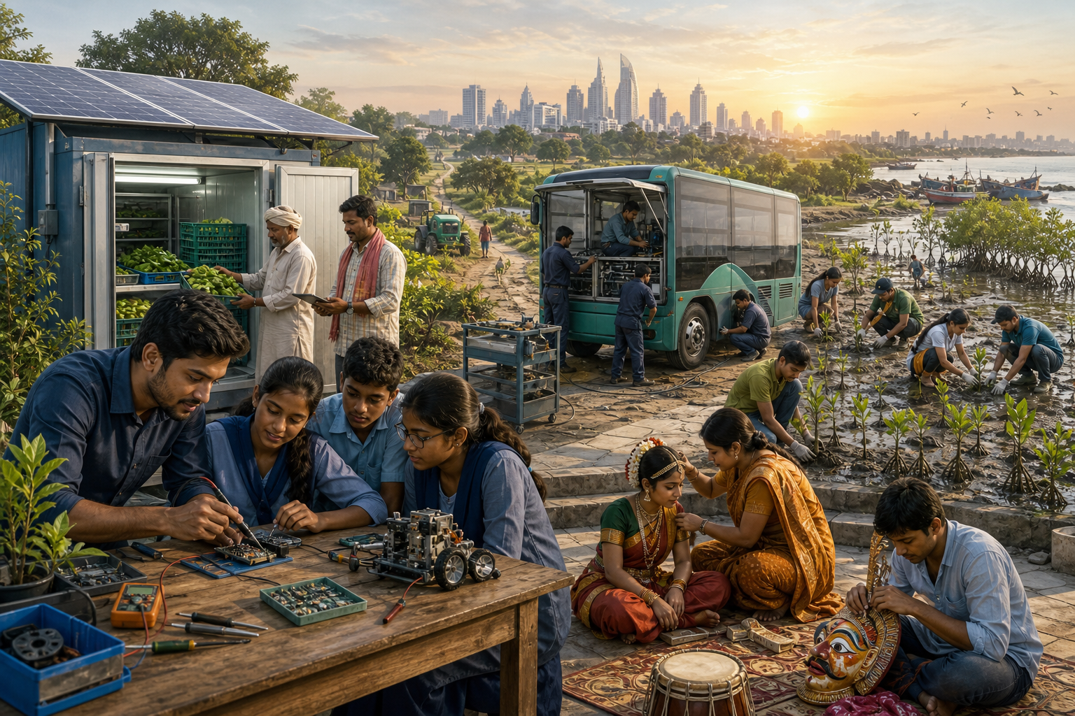 Citizens work on electronics education, solar cold storage, electric transport, manufacturing maintenance, mangrove restoration, and a community arts performance.