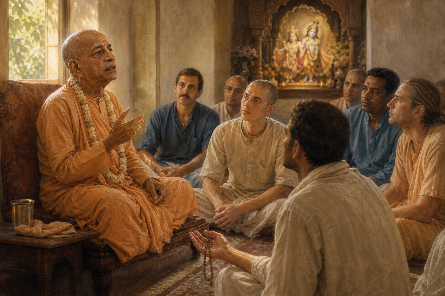 An elderly Vaishnava teacher in saffron robes speaks to disciples seated in a temple room, with prayer beads in a listener's hand and a softly lit Krishna altar behind them.