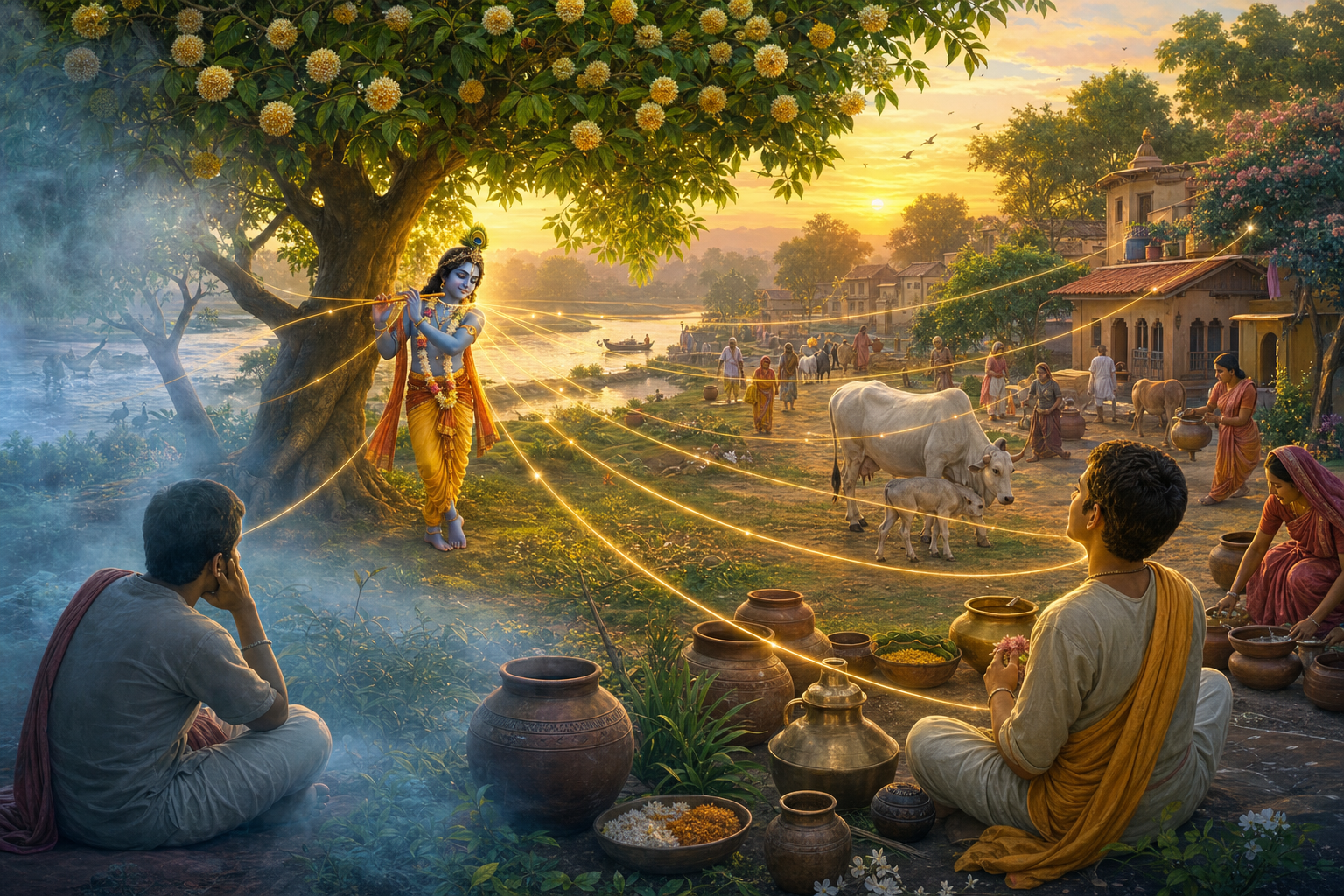 Krishna stands beneath a flowering tree as golden light connects him with villagers, cows, homes, a river, and everyday objects, while mist surrounds a distracted observer in the foreground.