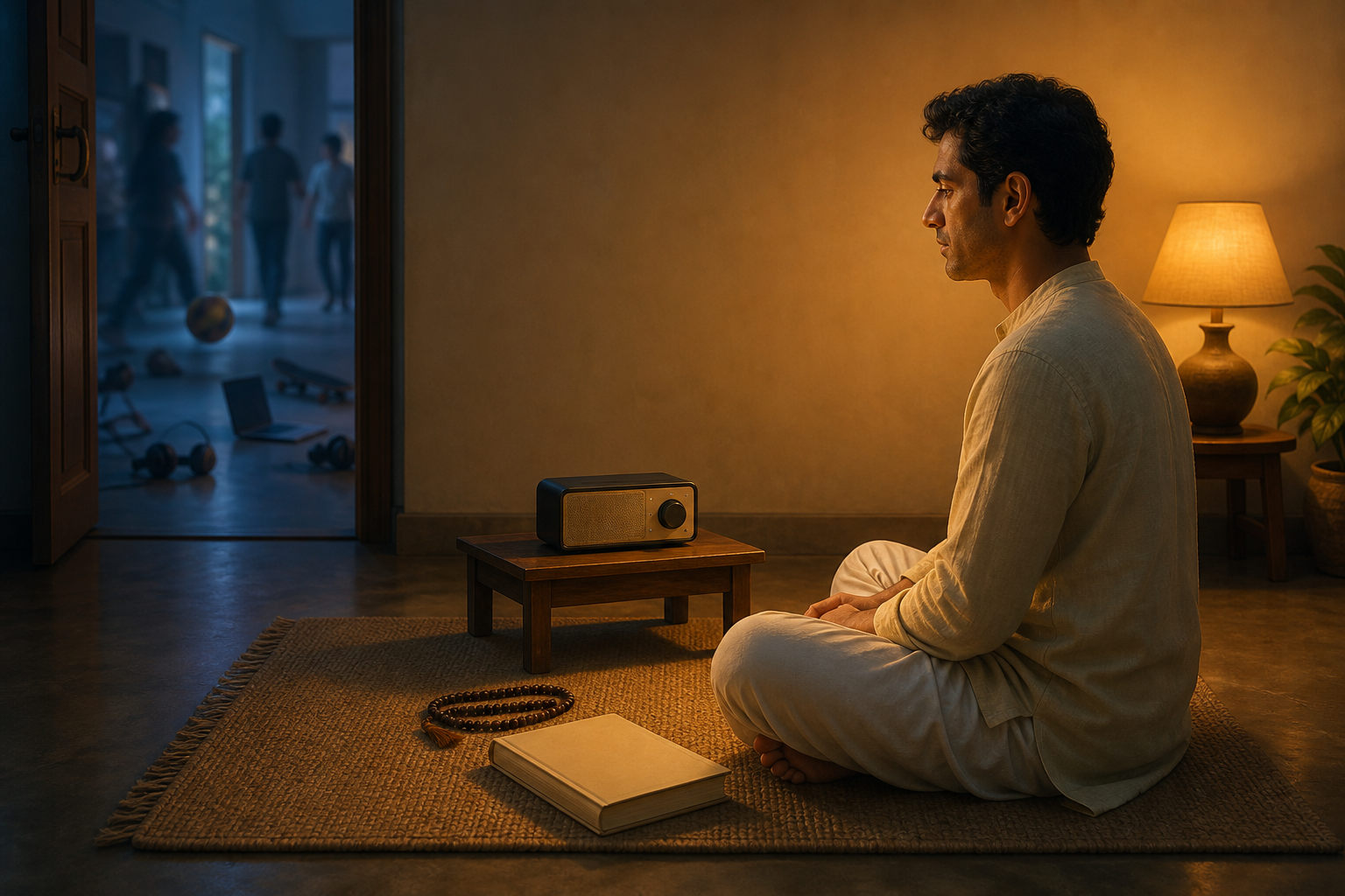 A practitioner sits on a woven mat listening to a tabletop audio player beside prayer beads and an unmarked book, while a distracting corridor remains in shadow.
