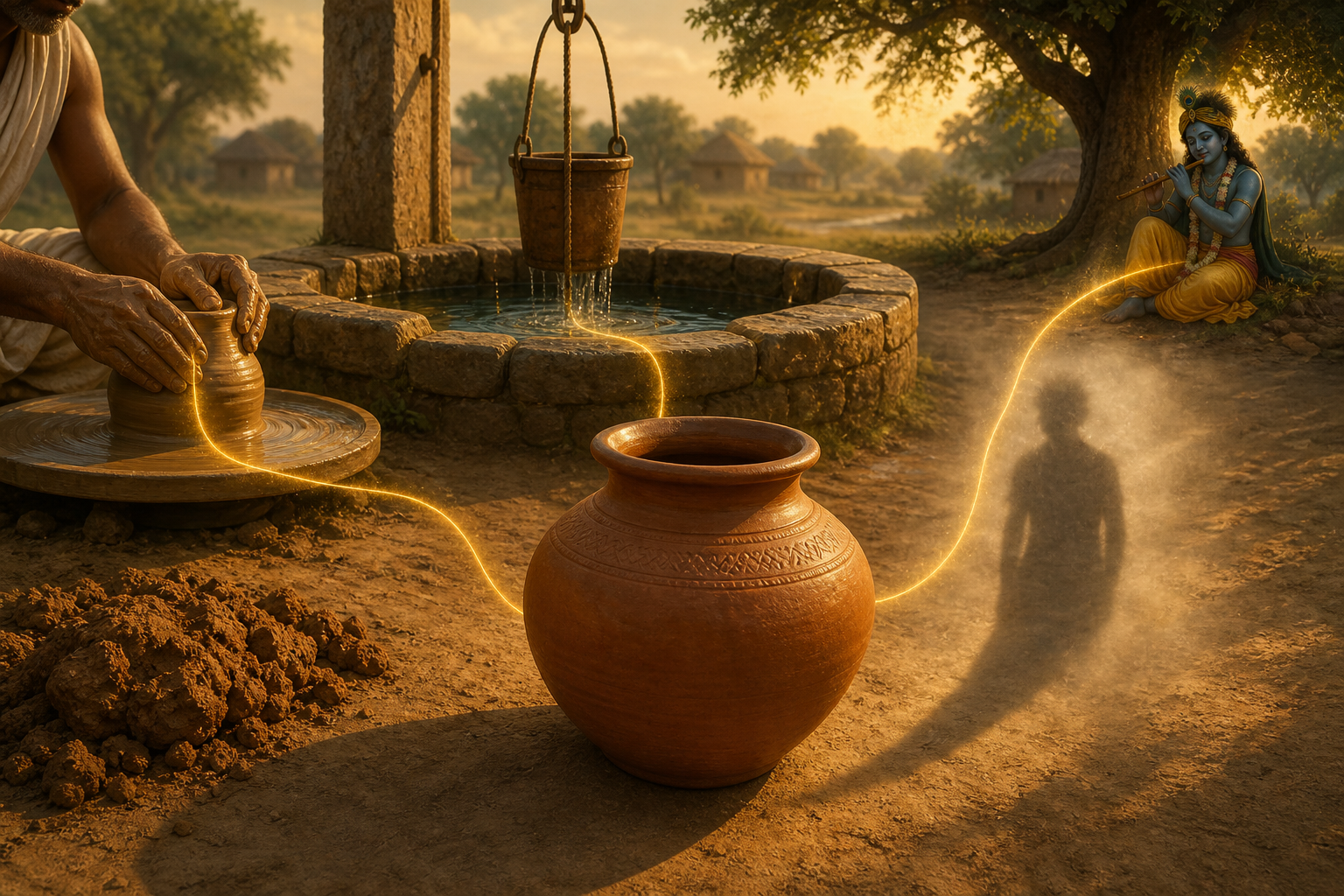 A solid clay pot beside a village well casts a shadow that seems detached behind mist, while golden light connects the pot, earth, water, a potter, and Krishna.