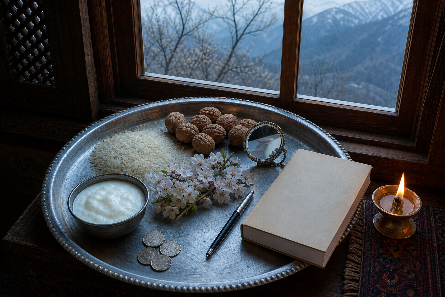 A Navreh thali holds rice, walnuts, a mirror, flowers, yogurt, coins, a pen, and a closed blank almanac by a mountain-facing window.