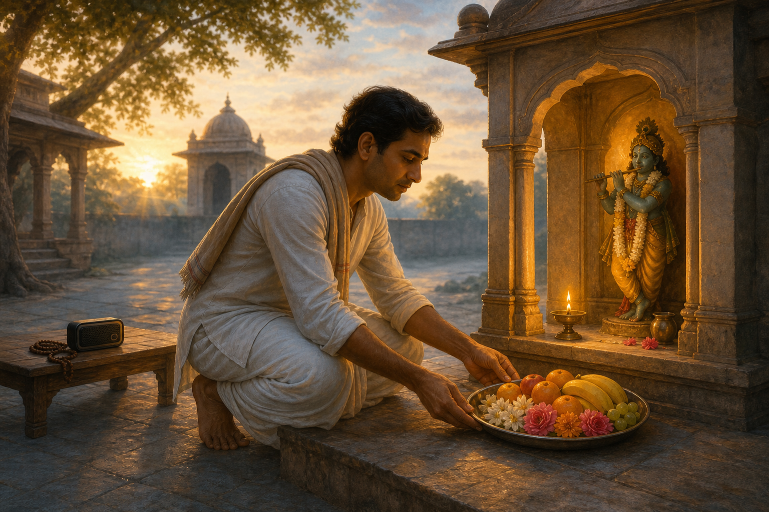 A practitioner places fruit and flowers before a small Krishna shrine at dawn, with prayer beads and an audio player resting on a bench behind them.