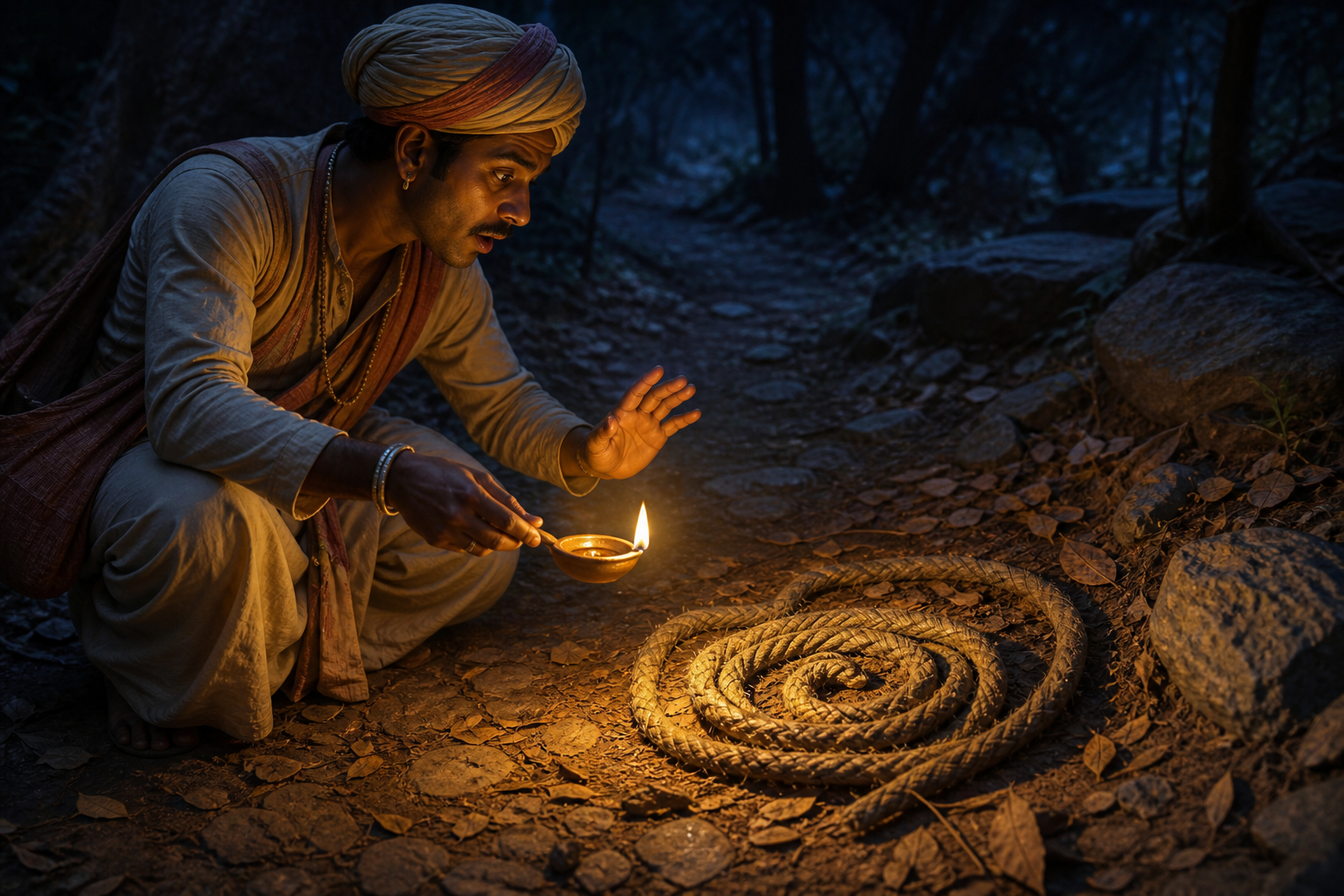 A traveler raises an oil lamp on a dark forest path and discovers that a snake-like coil on the ground is a braided rope.
