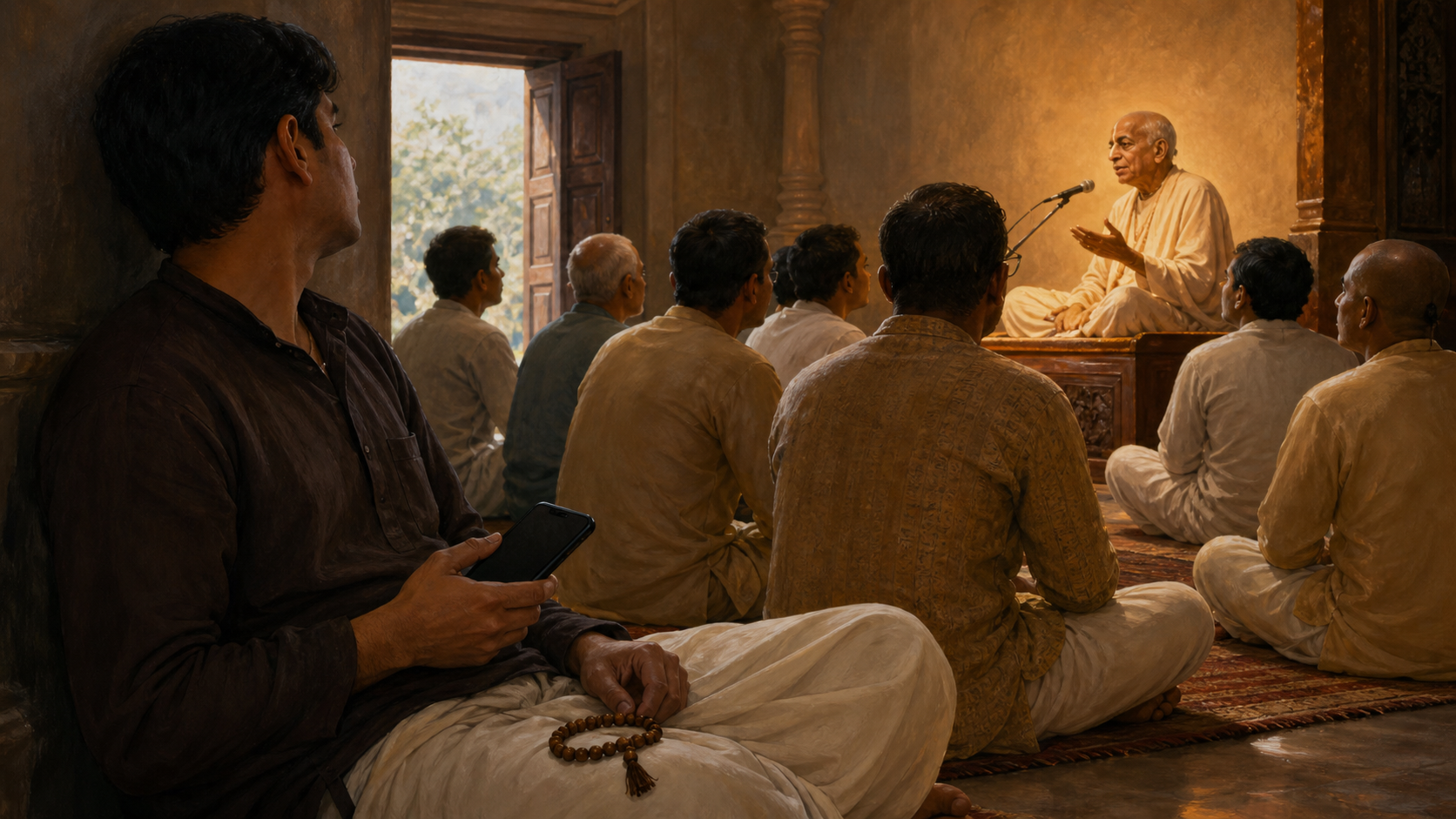 A distracted listener looks toward a doorway and holds a dark-screen device while other people attentively face an elderly Vaishnava speaker.